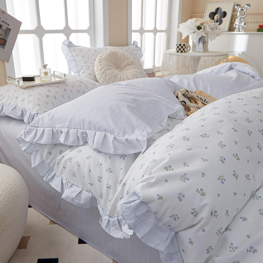 Pink Flower Duvet Cover Twin Chic Floral Print Ruffle Duvet Cover Cotton Lace Comforter Cover Country Style Floral Bedding Set Romantic Ruffle Comforter Cover Flower Bedding Cover with 2 Pillowcases