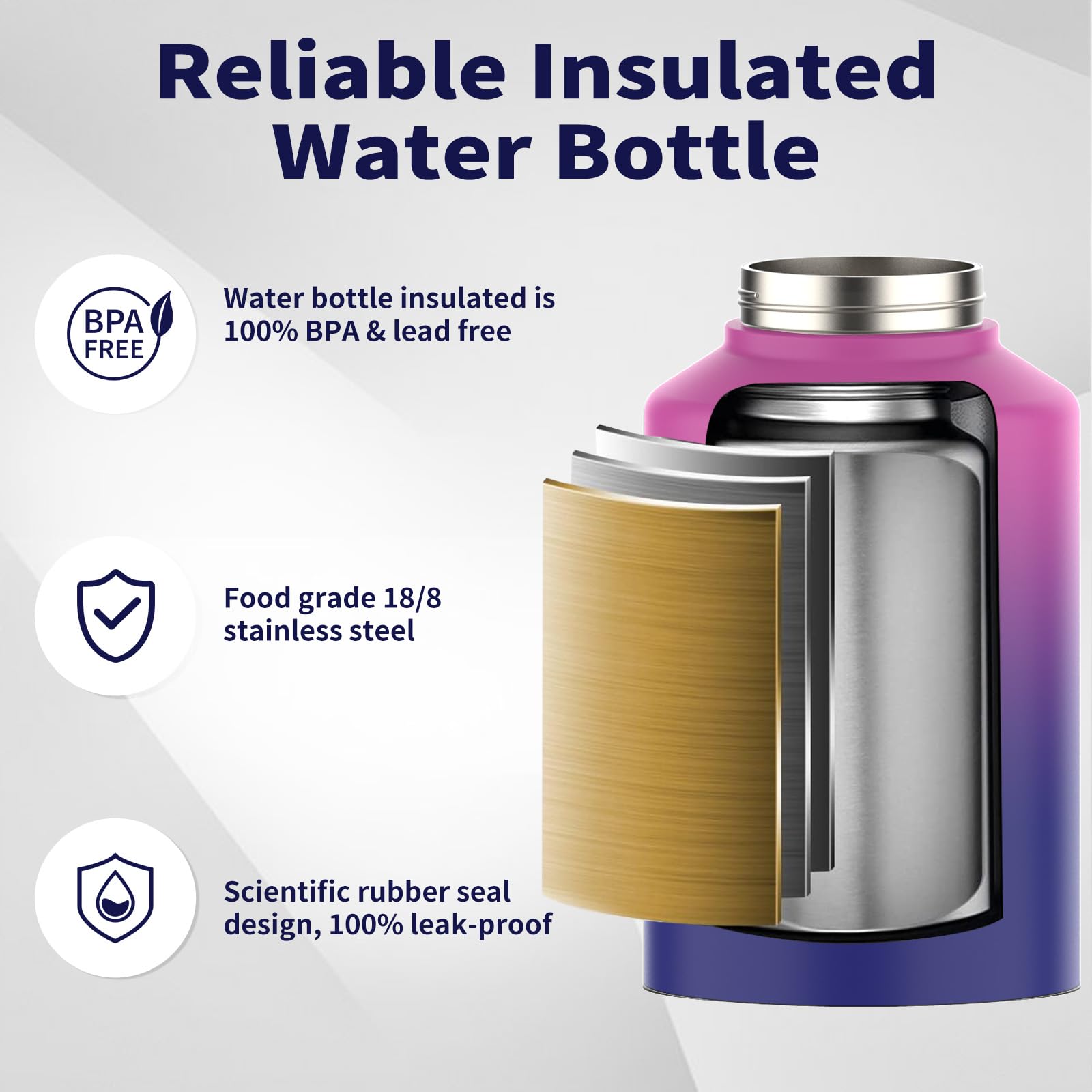 WATERSY Half Gallon Water Bottle Insulated(Cold for 48 Hrs),BPA Free&Leak Proof,64oz Stainless Steel Water Jug/Flask,Big thermo,Large Water Bottle with Handle for Gym,Hiking,Camping,Black
