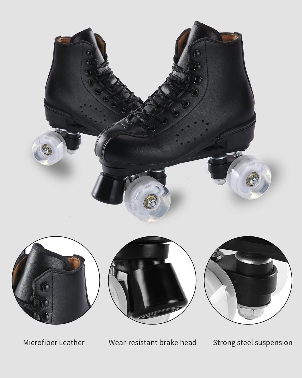 Roller Skates for Men and Women, Black Derby Roller Skates with 4 Shiny Wheel, Classic Double-Row Roller Skates for Indoor and Outdoor