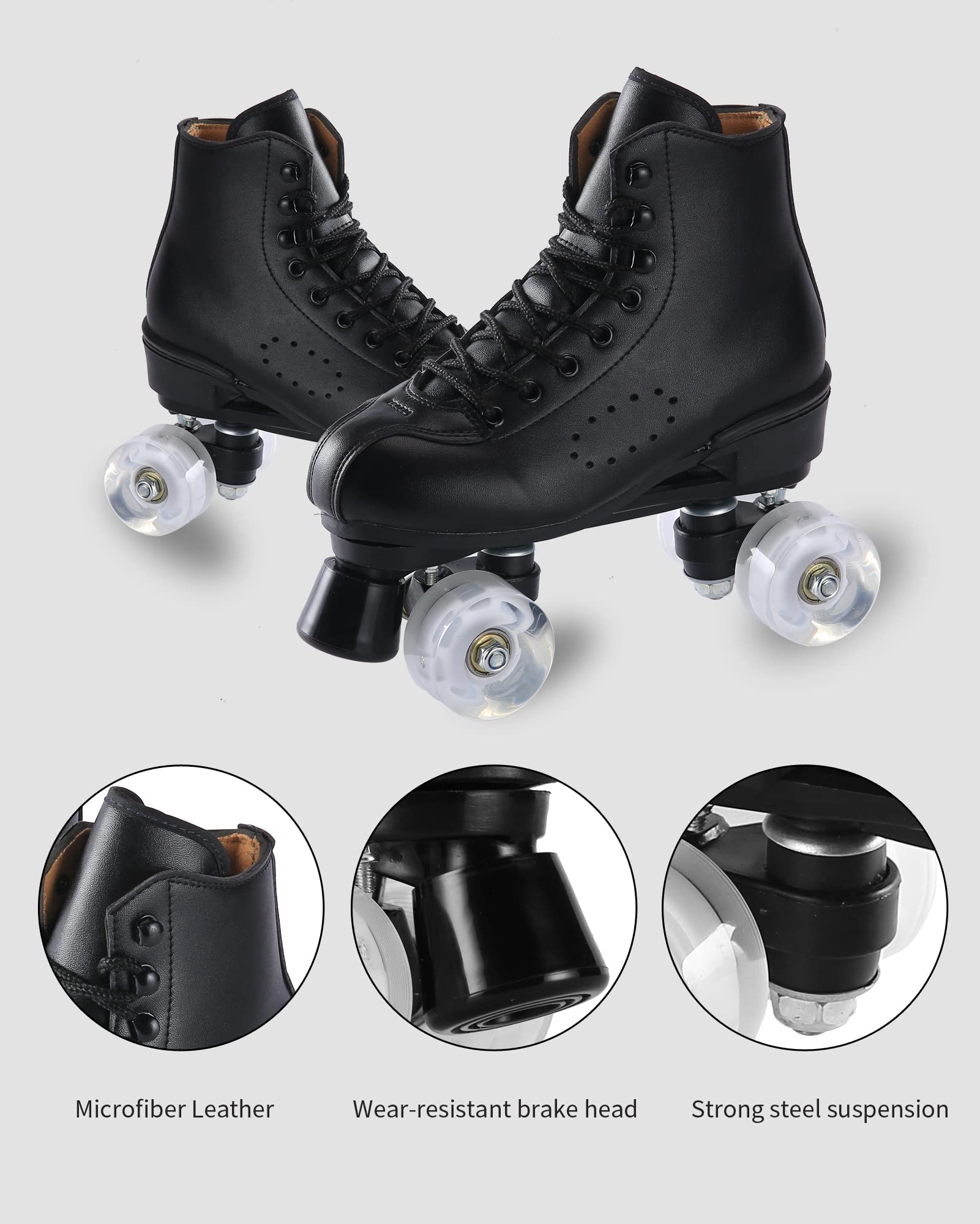 Roller Skates for Men and Women, Black Derby Roller Skates with 4 Shiny Wheel, Classic Double-Row Roller Skates for Indoor and Outdoor