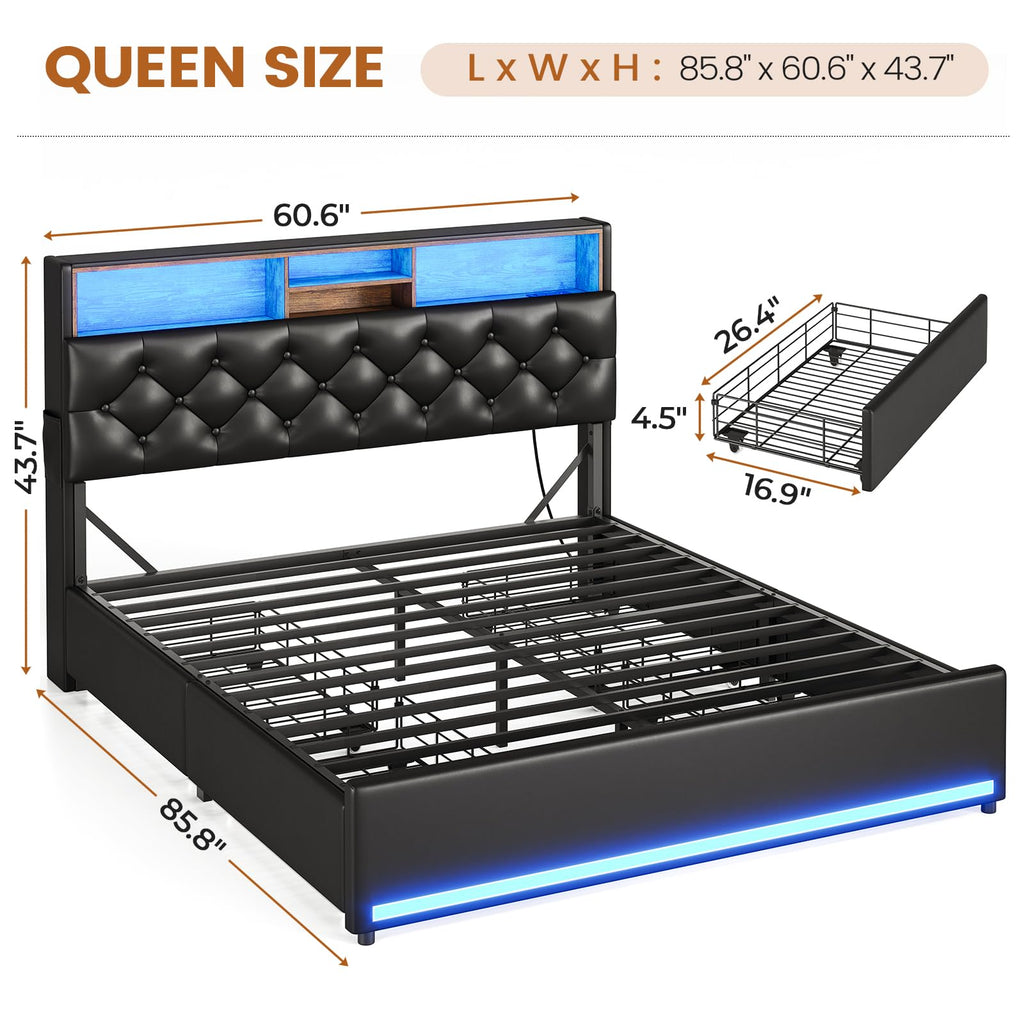 BTHFST Twin Bed Frames with Headboard & 4 Drawers, LED Bed Frame Twin with Charging Station, Upholstered and Metal Twin Bed with Storage, No Box Spring Needed, Black PU