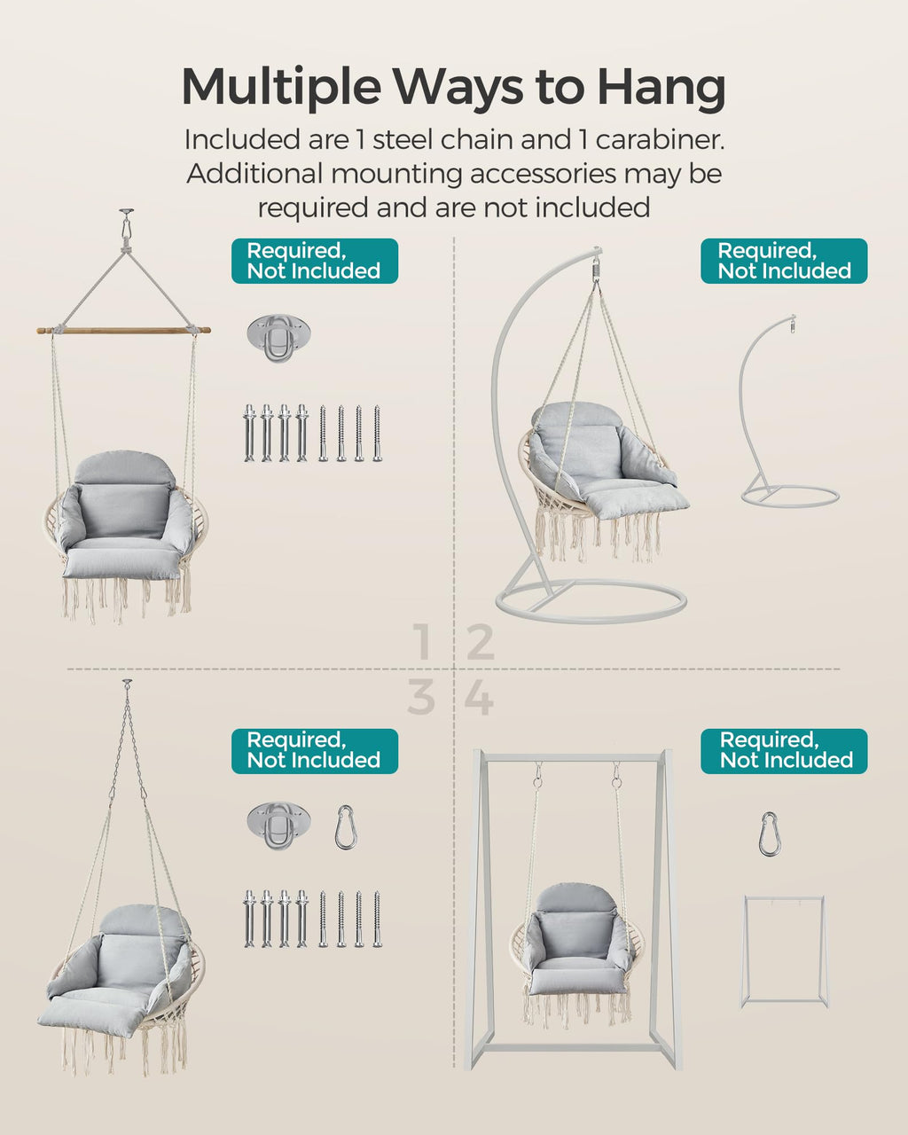 SONGMICS Hanging Chair, Hammock Chair with Large, Thick Cushion, Boho Swing Chair for Bedroom, Patio, Balcony, Garden, Holds up to 264 lb, Accessories Included, Cream White UGDC042M01