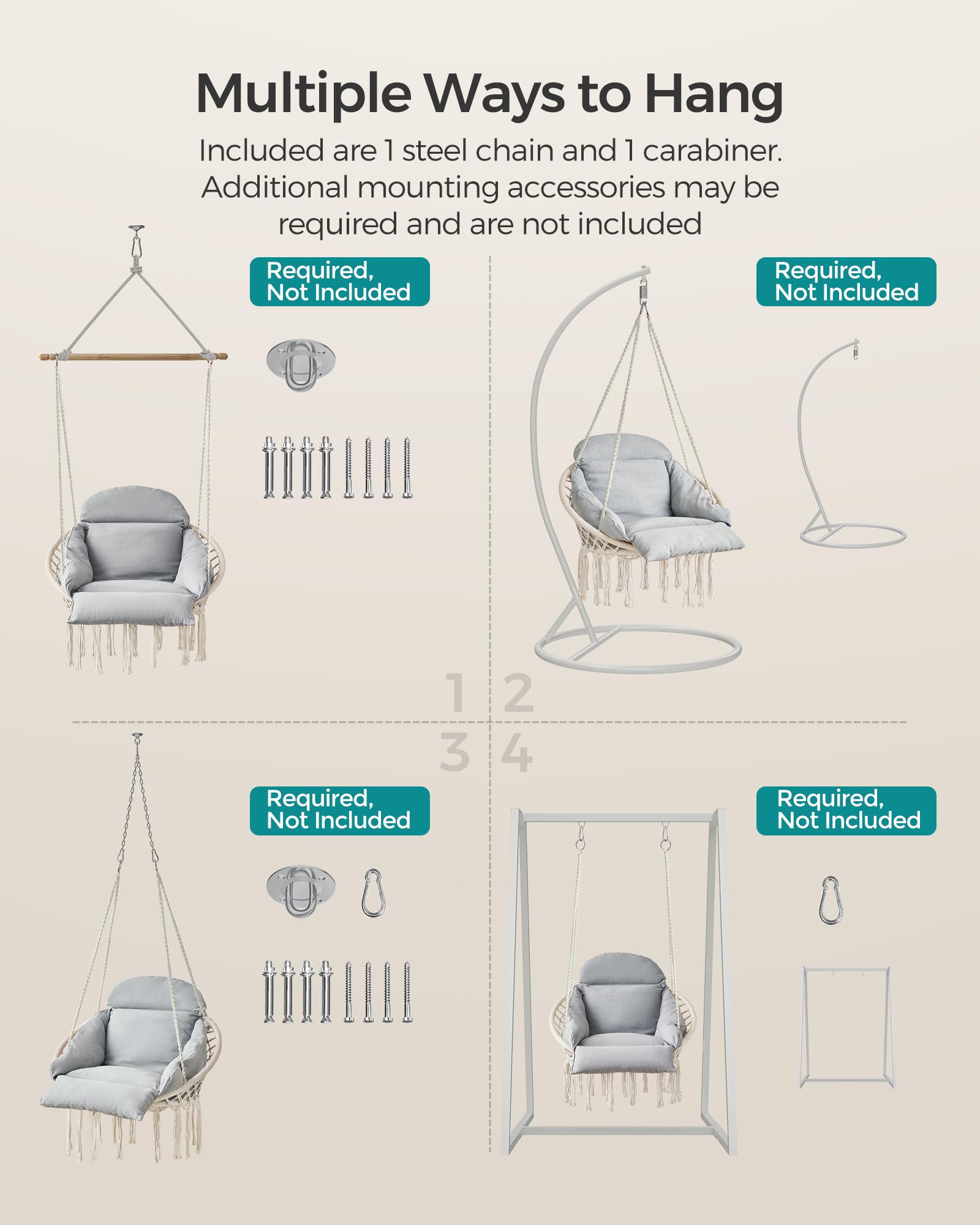 SONGMICS Hanging Chair, Hammock Chair with Large, Thick Cushion, Boho Swing Chair for Bedroom, Patio, Balcony, Garden, Holds up to 264 lb, Accessories Included, Cream White UGDC042M01