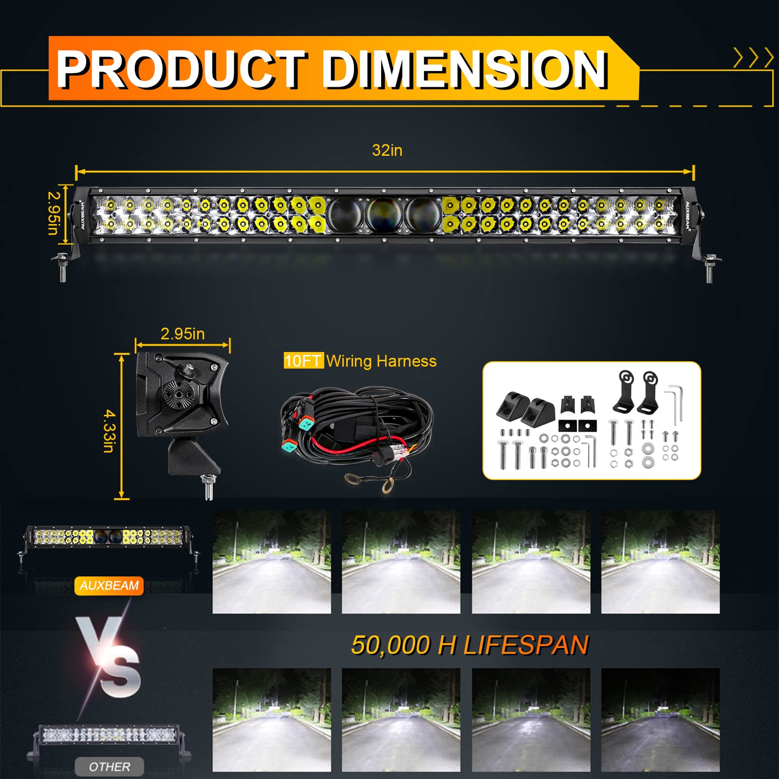 Auxbeam 12Inch Led Light Bar 100W 12000LM 5D Pro Lens Off Road Driving Light Spot Flood Combo Fog Light with 10FT Wiring Harness Kit (Professional Grade Outdoor Lighting Source P8 LED)