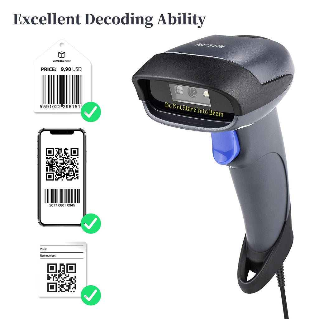 NETUM USB Laser Barcode Scanner, Handheld 1D Wired Bar Code Scanner Scanning UPC EAN Reader Gun Retails for Supermarket, Convenience Store, Warehouse - NT-M1