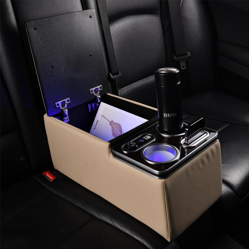 Coverado Car Center Console, Universal Rear Bench Seat Consoles, Truck Seat Organizer and Storage, Back Seat Car Organizer with Cup Holder, Large Storage Box, Central Armrest Box (Regular, Beige)