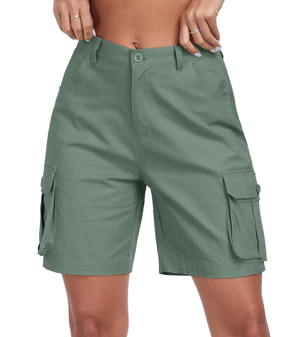 MoFiz Women's Cargo Shorts Bermuda Shorts Button Pockets Elastic Waist Knee Length Long Hiking Casual Shorts for Summer