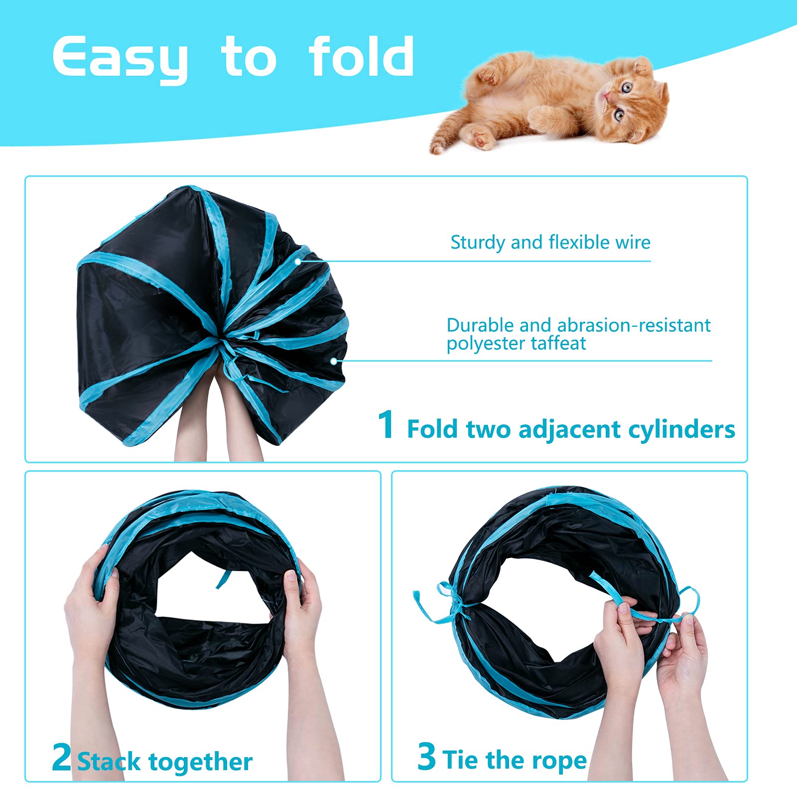 Sheldamy Cat Tunnel, 2-Way Collapsible Play Tunnel, Interactive Toy Maze for Small Animals, Suitable for Kittens, Puppies, Rabbits, Ferrets, Blue & Black