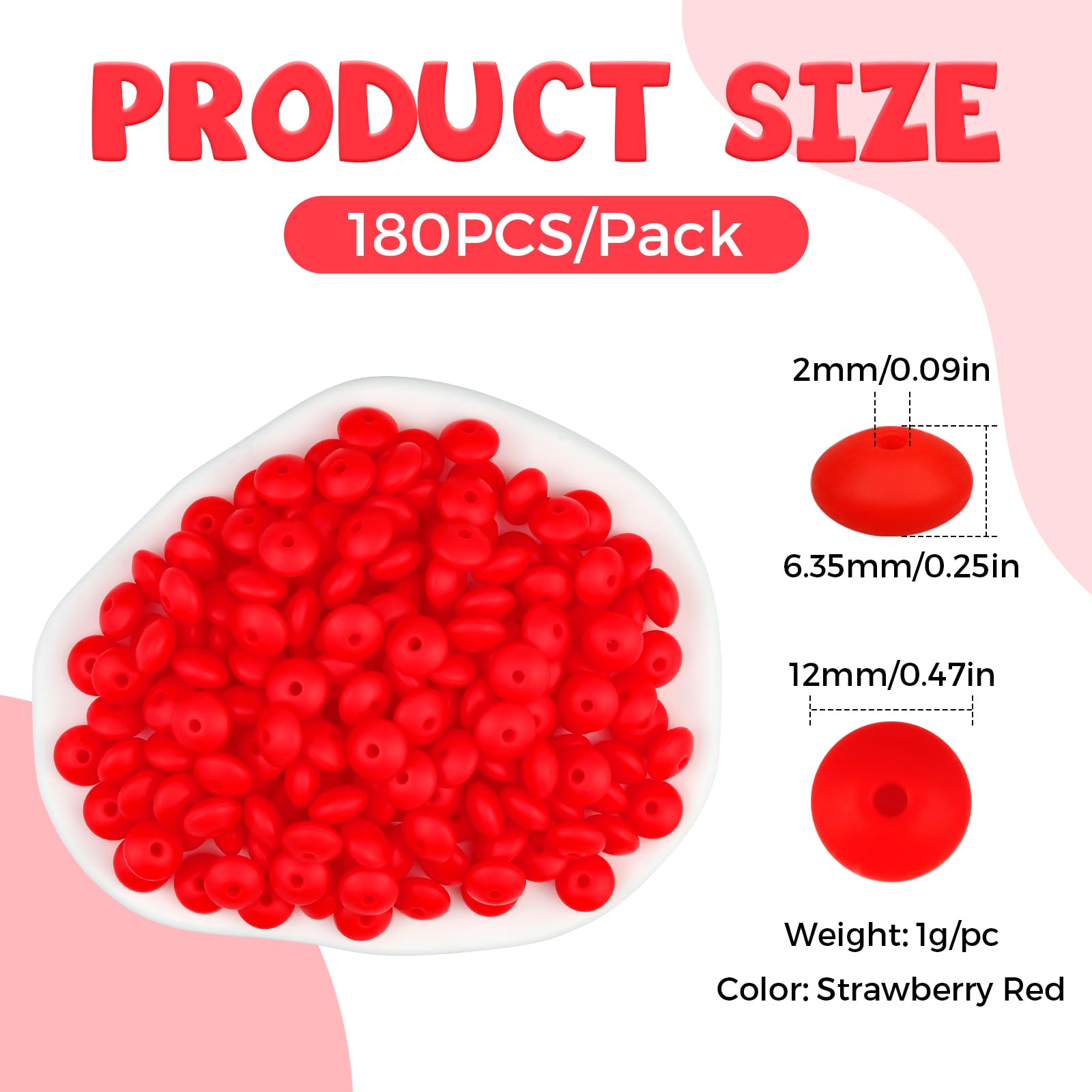 FIVEIZERO 180PCS Silicone Lentil Beads,12mm Spacer Beads | Flexible Silicone, 2mm Hole Design, Easy to Thread, Fade Resistant, Easy to Clean