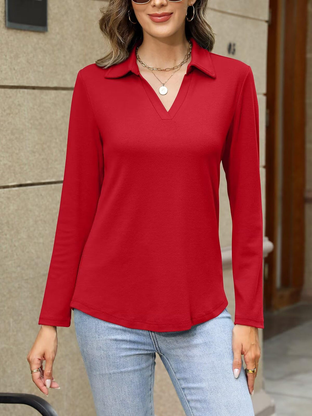 ORANDESIGNE Women's Long Sleeve Polo Shirts Casual Color Block V Neck Tops Fall Collar Ladies Tunics Tees