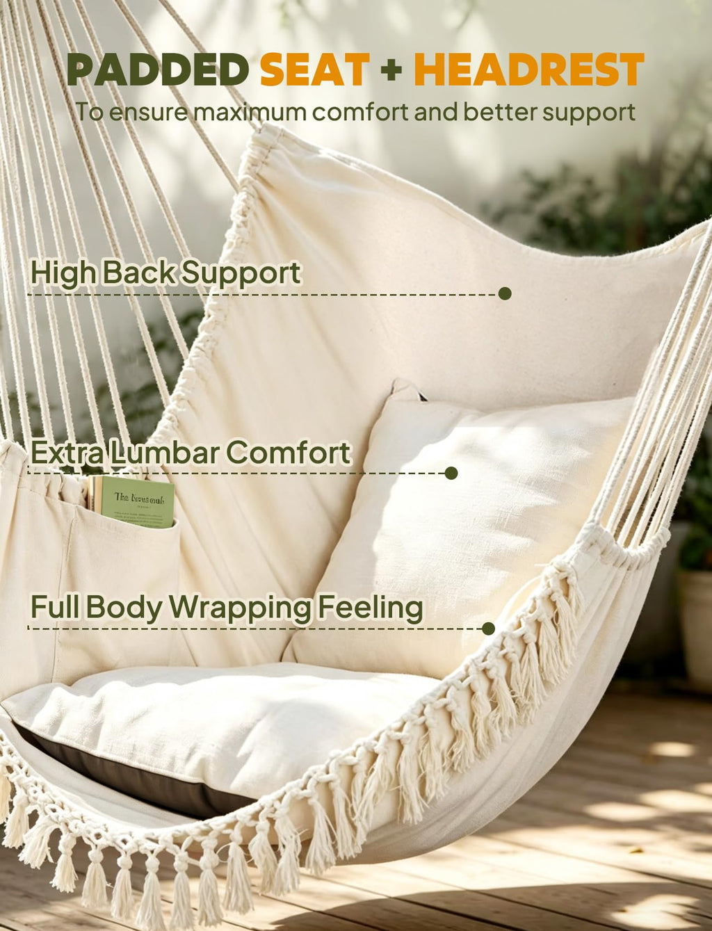 Chihee Hammock Chair Hanging Swing Max 500 Lbs 2 Cushions Included Metal Spreader Bar with Anti-Slip Grooves Portable Hanging Chair Side Pocket Large Macrame Bohemian Chair Indoor Outdoor | Hanging Swing with Anti-Slip Grooves Portable Hanging Chair Side