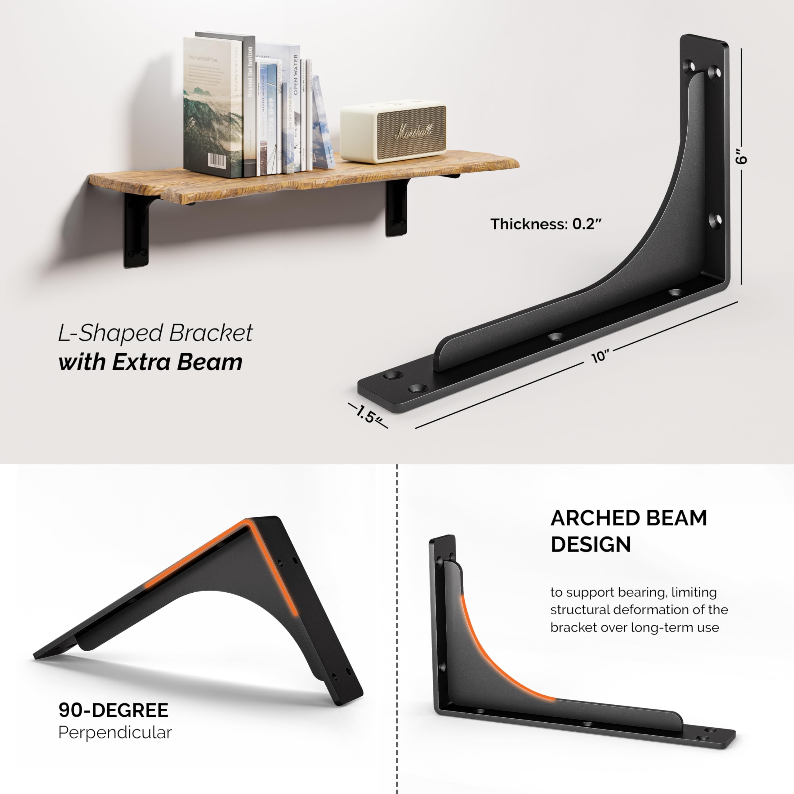 BATODA 8" x 5" L Bracket with Beam - Shelf Brackets Black 300 Lbs Capacity - Heavy Duty Shelving Brackets for Floating Shelves - Wall Mounted Support for DIY – Mounting Hardware Included (Pack 4)
