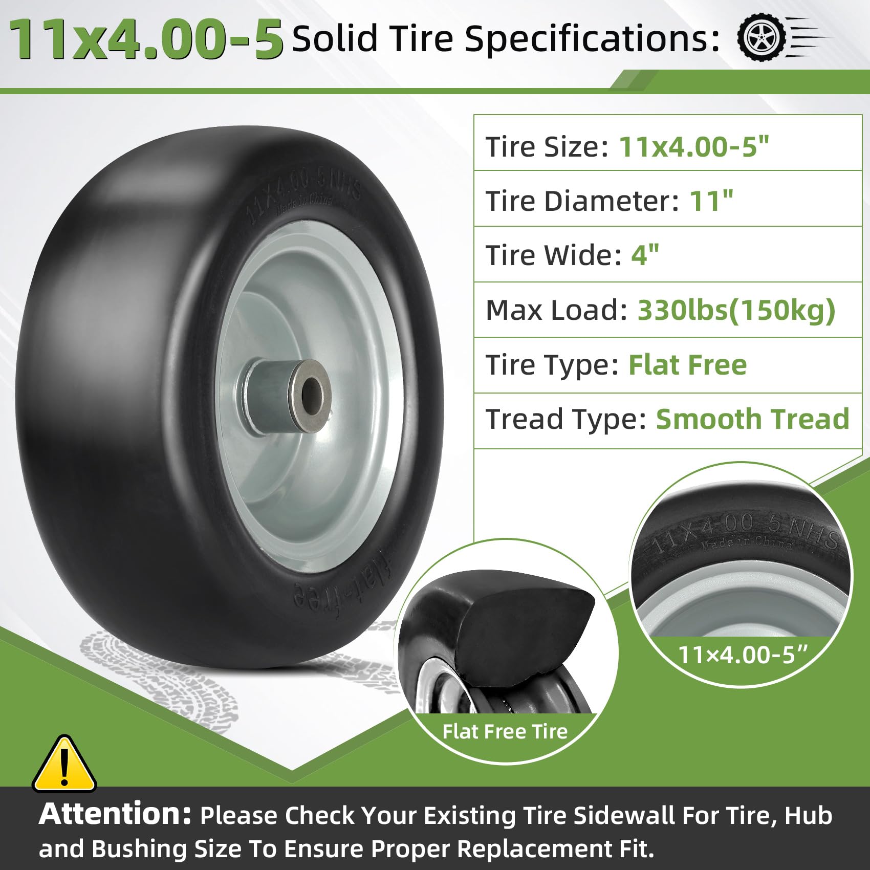 2 PCS 11x4.00-5" Lawn Mower Tires Flat Free,3/4" 5/8" 1/2" Bushing,3.4"-4"-4.5"-5" Centered Hub,Universal Fit Smooth Tread Tire for Zero Turn Lawn Mowers, with Universal Adapter Kit(Blcak Rim)