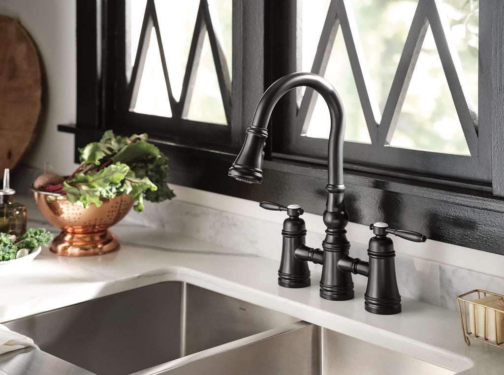 Moen Brushed Gold Weymouth Two Handle Pulldown Bridge Kitchen Faucet, S73204BG
