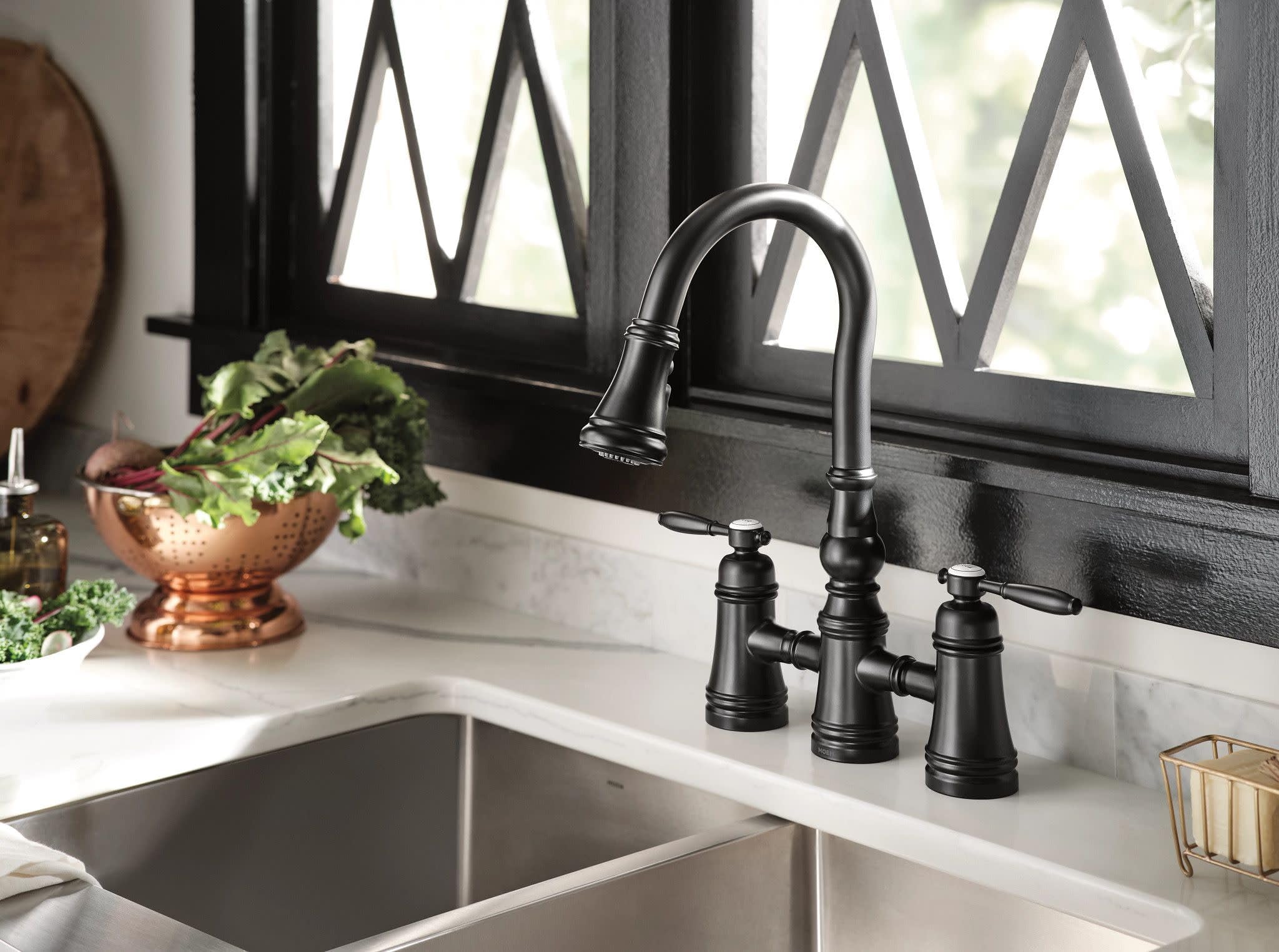 Moen Brushed Gold Weymouth Two Handle Pulldown Bridge Kitchen Faucet, S73204BG