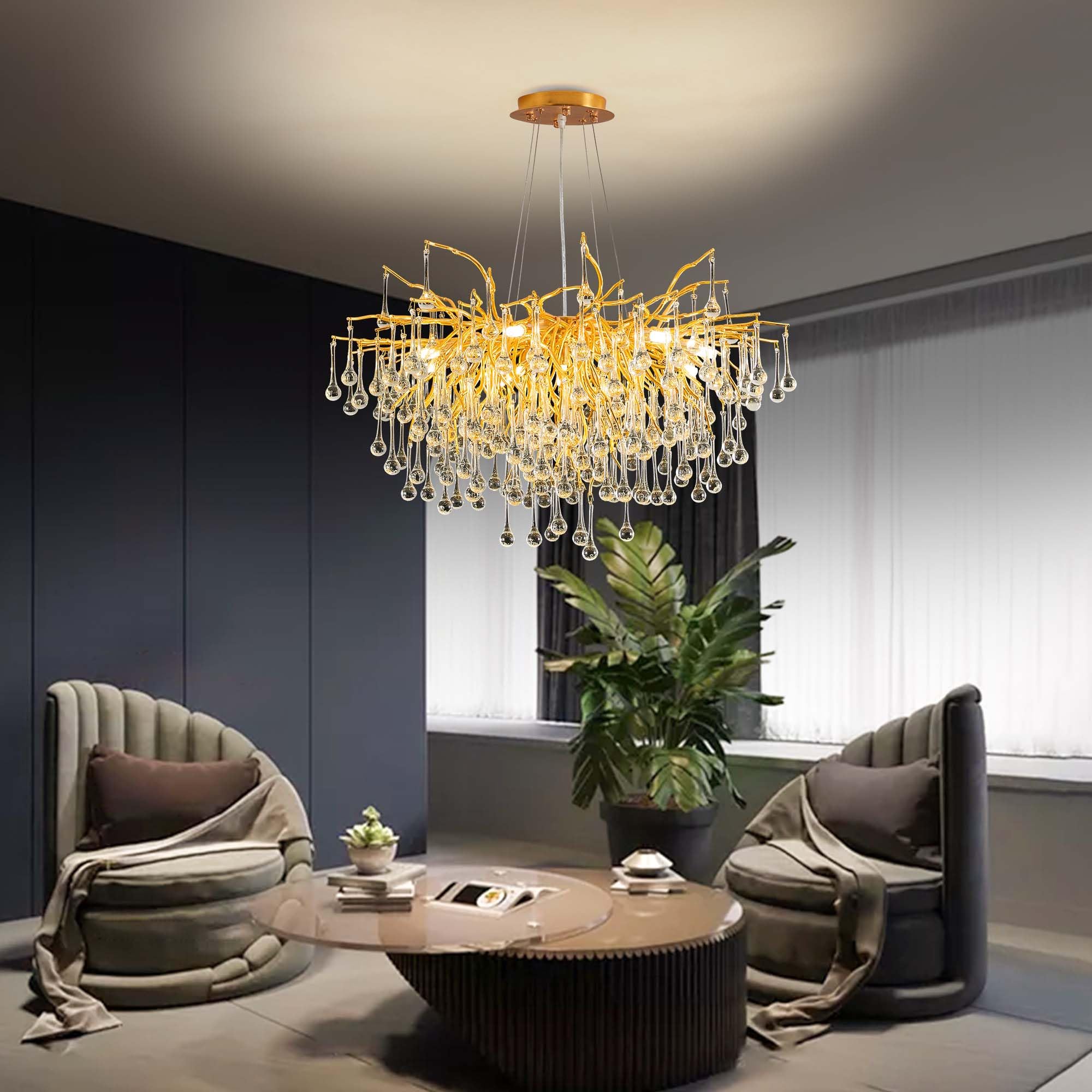 Modern Crystal Raindrop Chandelier, L40'' Black Linear Rectangle Art Deco Tree Branch Lighting Fixture for Kitchen Island Living Room Foyer Staircase 10 Lights