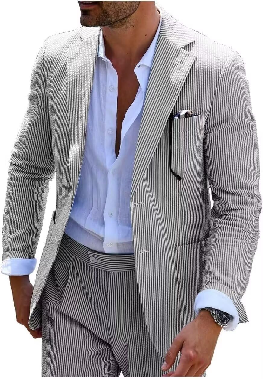 Wehilion Men's Seersucker Summer Suit Groom Wedding Seersucker Outfit Slim Fit Formal Suit Set for Men