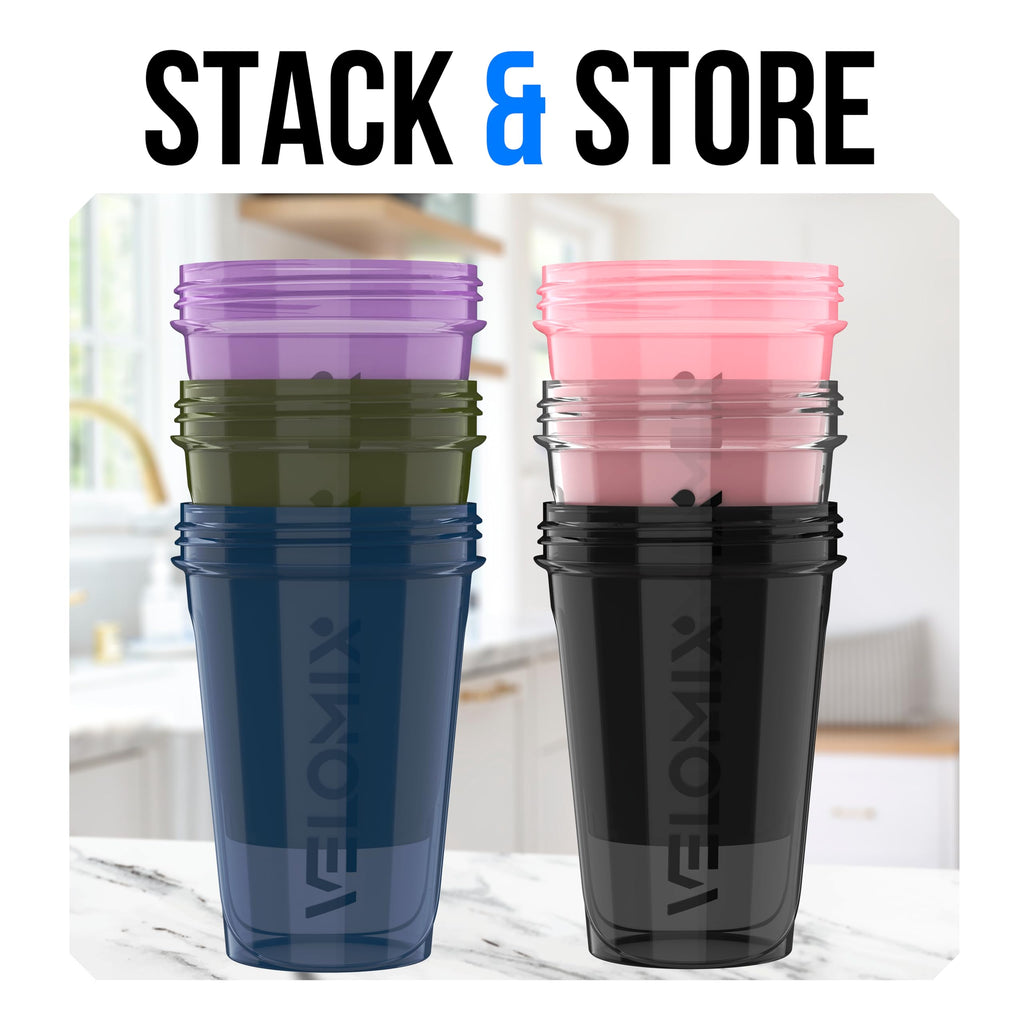VELOMIX -6 PACK- 20 oz Protein Shaker Bottle for Protein Mixes - 6x Wire Whisk | Leak Proof Shaker Cups for Protein Shakes| Stackable Protein Shaker Bottle Pack | Dishwasher Safe (ALL IN BLACK)
