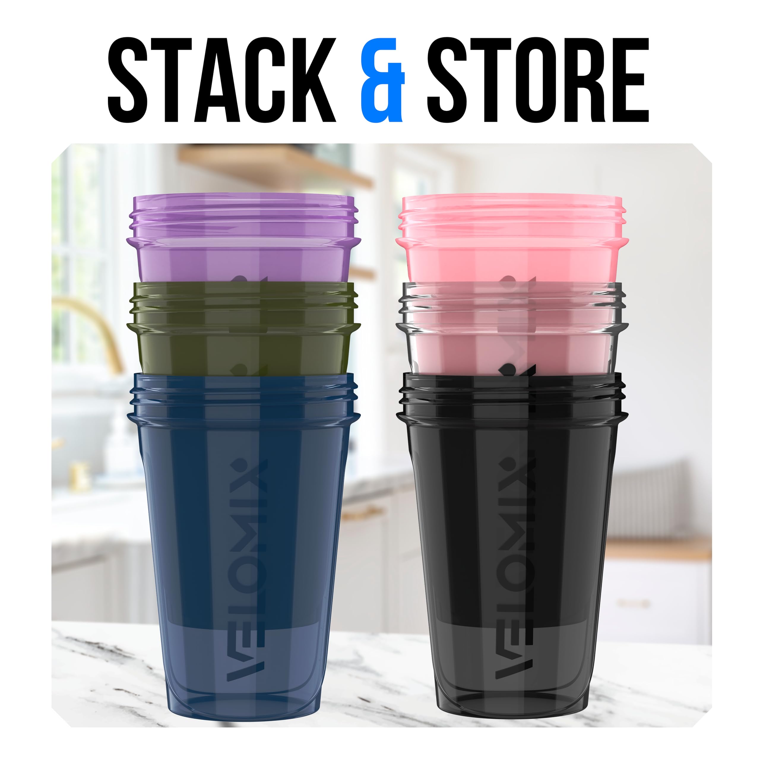 VELOMIX -6 PACK- 20 oz Protein Shaker Bottle for Protein Mixes - 6x Wire Whisk | Leak Proof Shaker Cups for Protein Shakes| Stackable Protein Shaker Bottle Pack | Dishwasher Safe (ALL IN BLACK)