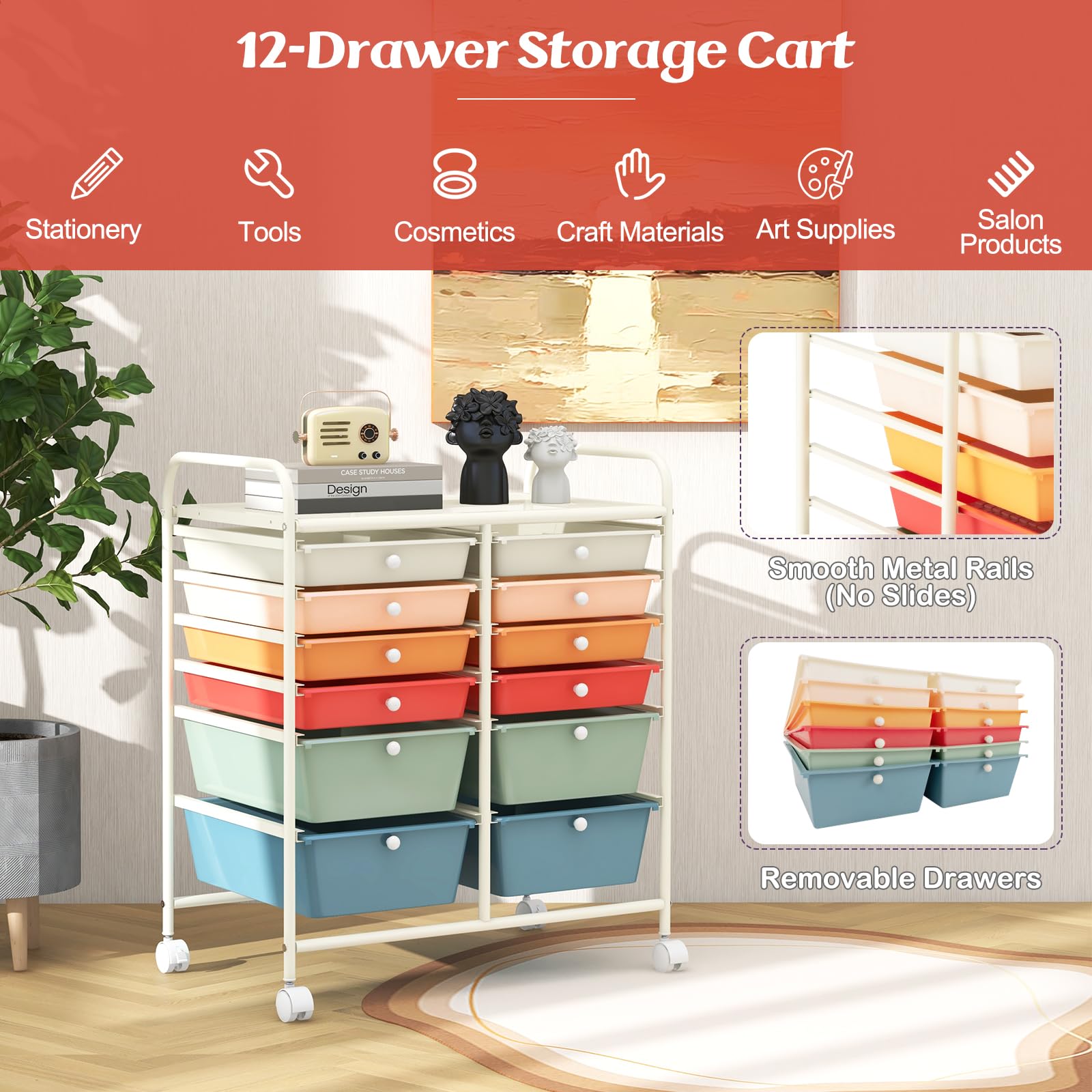 LDAILY 9 Drawer Rolling Storage Cart, Rolling Cart with Drawers for Classroom, Art Supply Craft Organizer on Wheel with Metal Frame & Handles for Home Office School