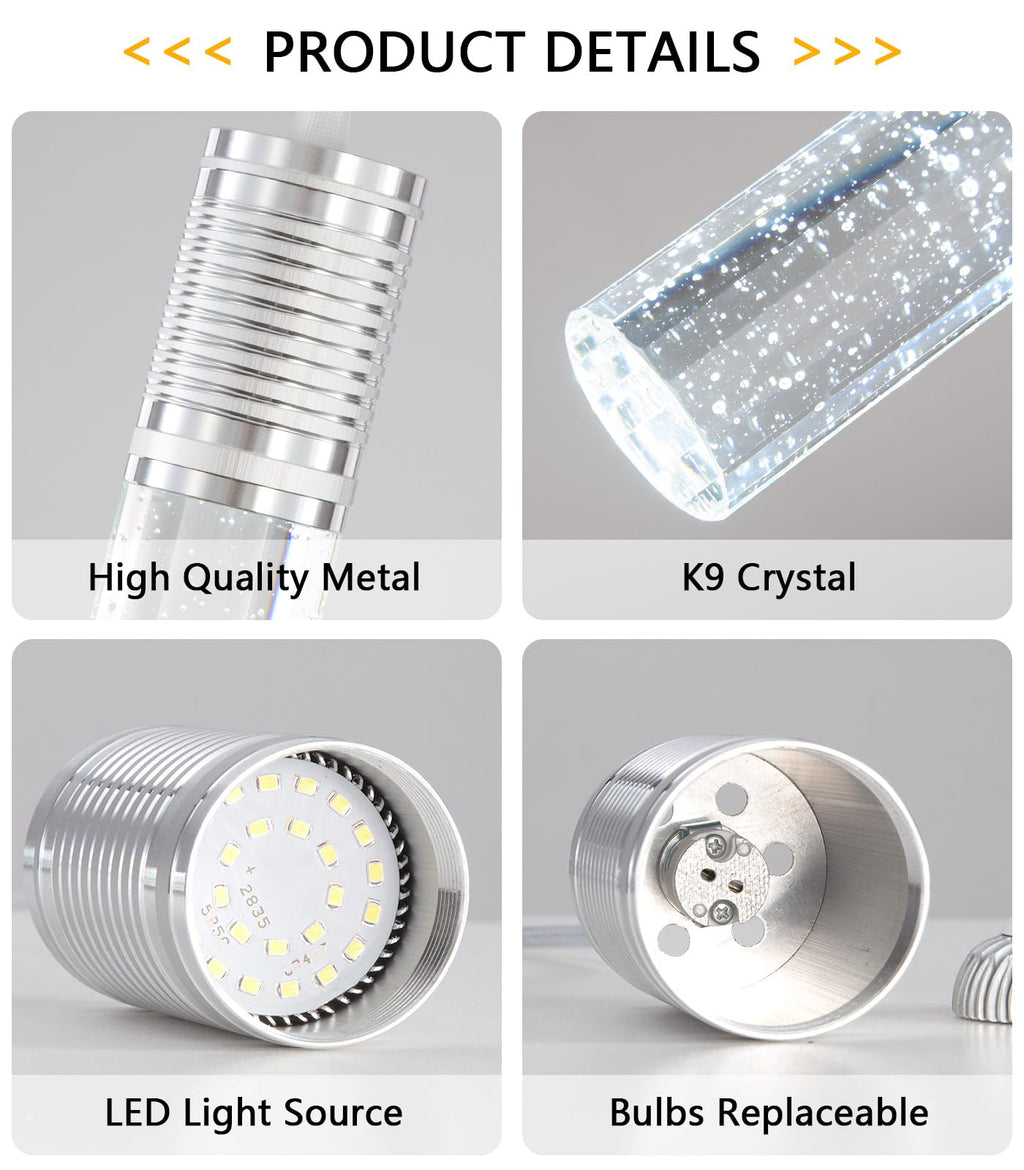 HAIXIANG Modern Kitchen Island Hanging Light Fixtures Crytstal Pendant Lighting for Kitchen Island Chrome Mini Chandelier with 6000K Daylight Bulb