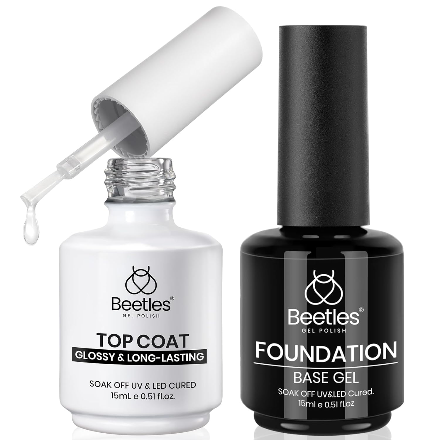 Beetles 2Pcs 15ml Gel Base and Top Coat Set - Upgrade No Wipe Extra Glossy Top Coat Finish for Gel Nail Polish, Soak Off UV/LED Lamp Needed, Essentials for Long-Lasting Manicure Kit