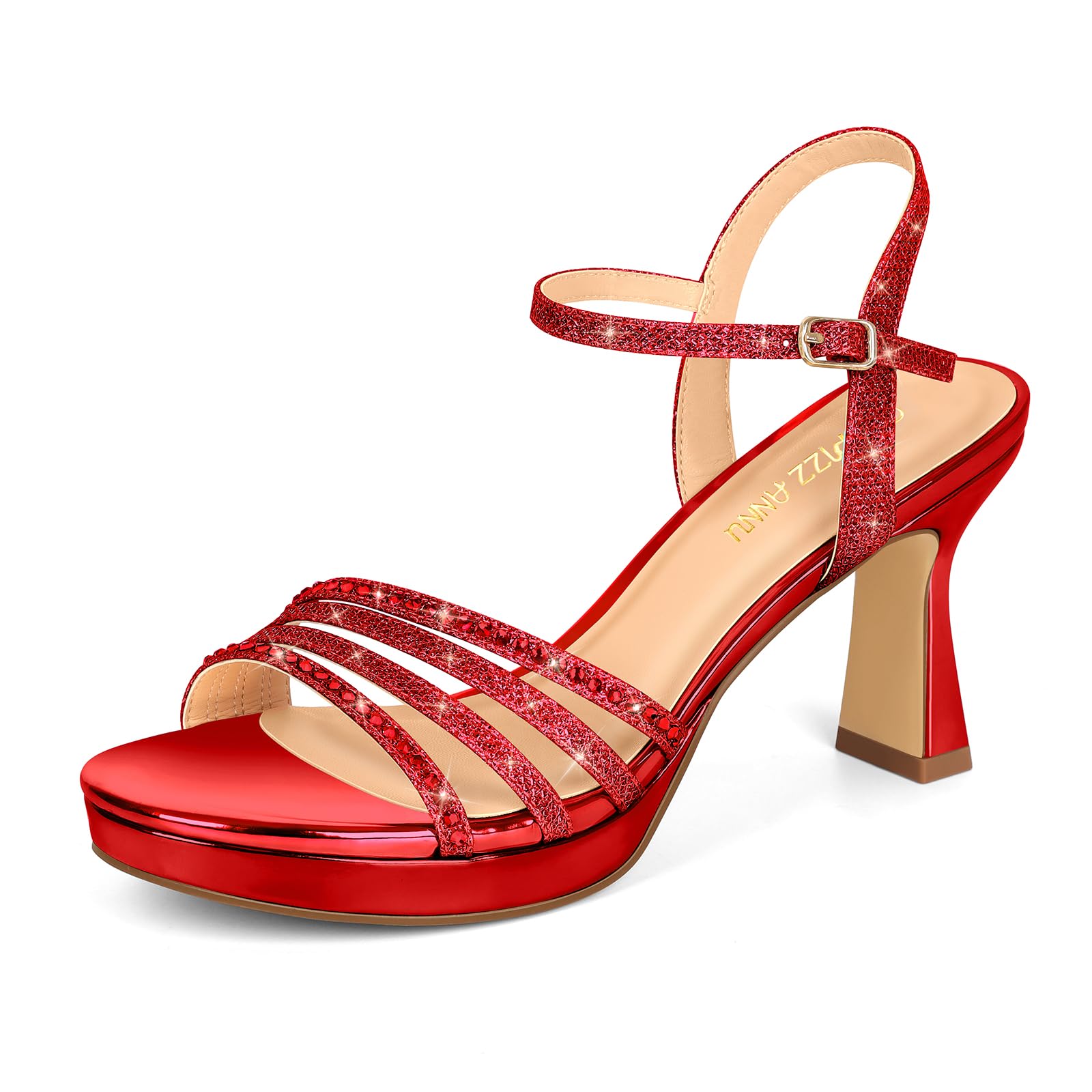 PIZZ ANNU Lena Women's Platform Heels High Block Chunky Sparkly Rhinestone Open Toe Ankle Strap Fashion Dress Pump Sandals Shoes for Party Wedding