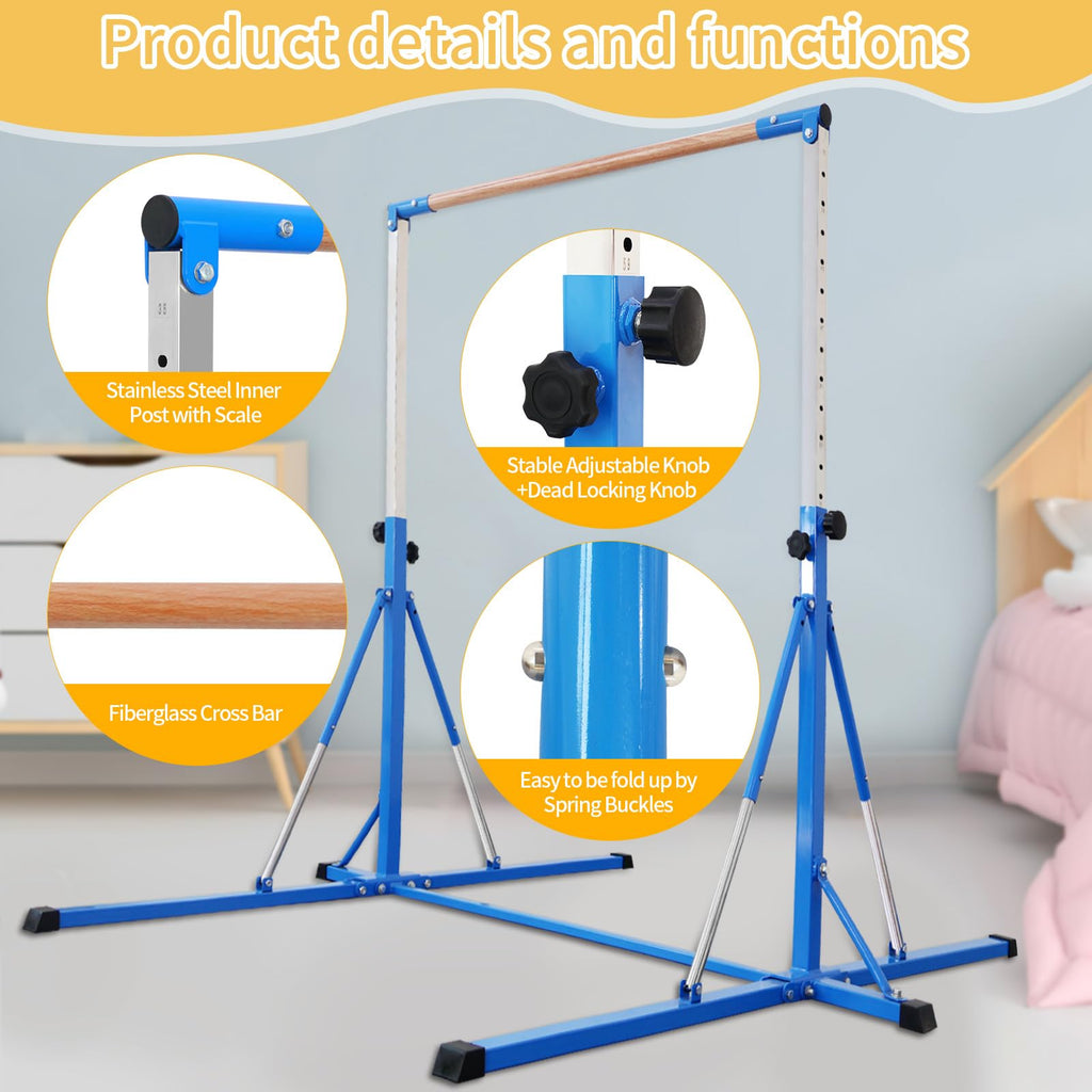 FC FUNCHEER Gymnastics Bar for Kids Ages 3-15, 35" to 60" Adjustable Height, 4FT Wide Base - Professional Kip Bar with 360° Stability & Fiberglass Crossbar, Easy Fold&Solid Design for Home Training