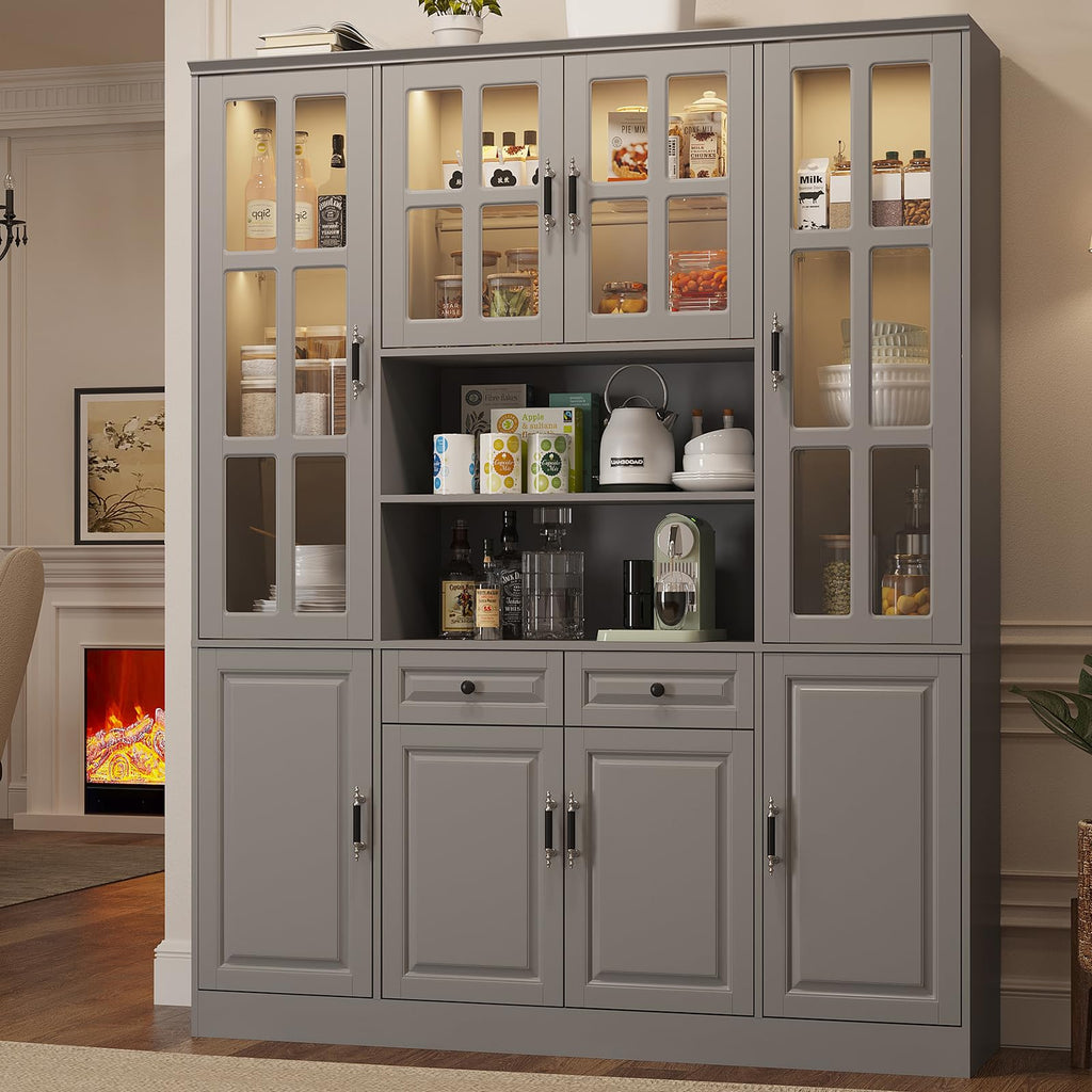 MEISSALIVVE Kitchen Pantry Storage Cabinet with LED Lights, 78.7" Tall with Glass Doors & Drawers, Freestanding Utility Cabinet, Black (31.5" W x 15.7" D)
