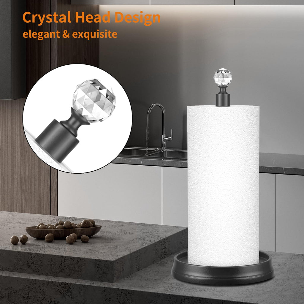 KASUNTO Paper Towel Holder with Crystal Ball - Steel Countertop Stand, Fits Standard & Jumbo Rolls, Brushed Nickel