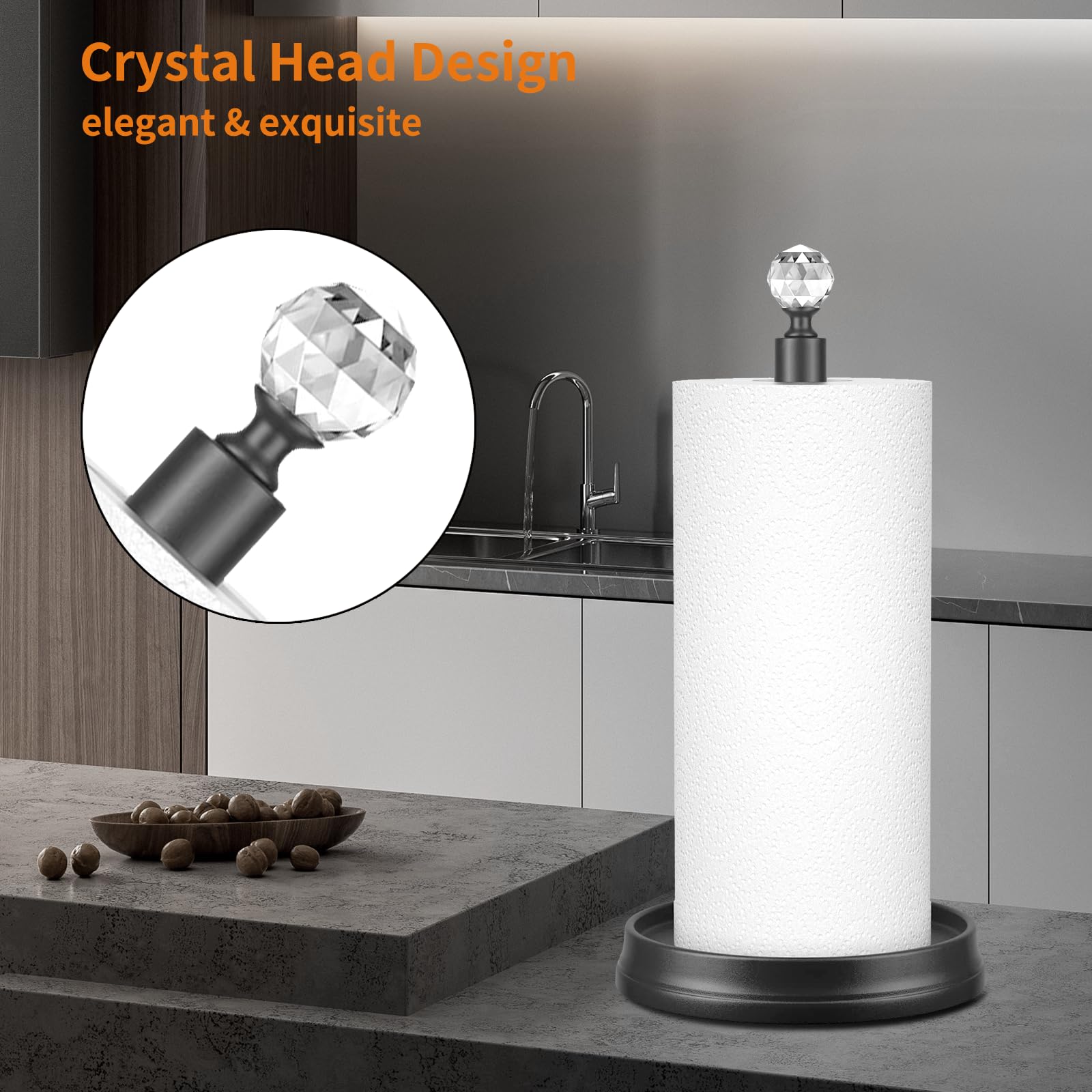 KASUNTO Paper Towel Holder with Crystal Ball - Steel Countertop Stand, Fits Standard & Jumbo Rolls, Brushed Nickel