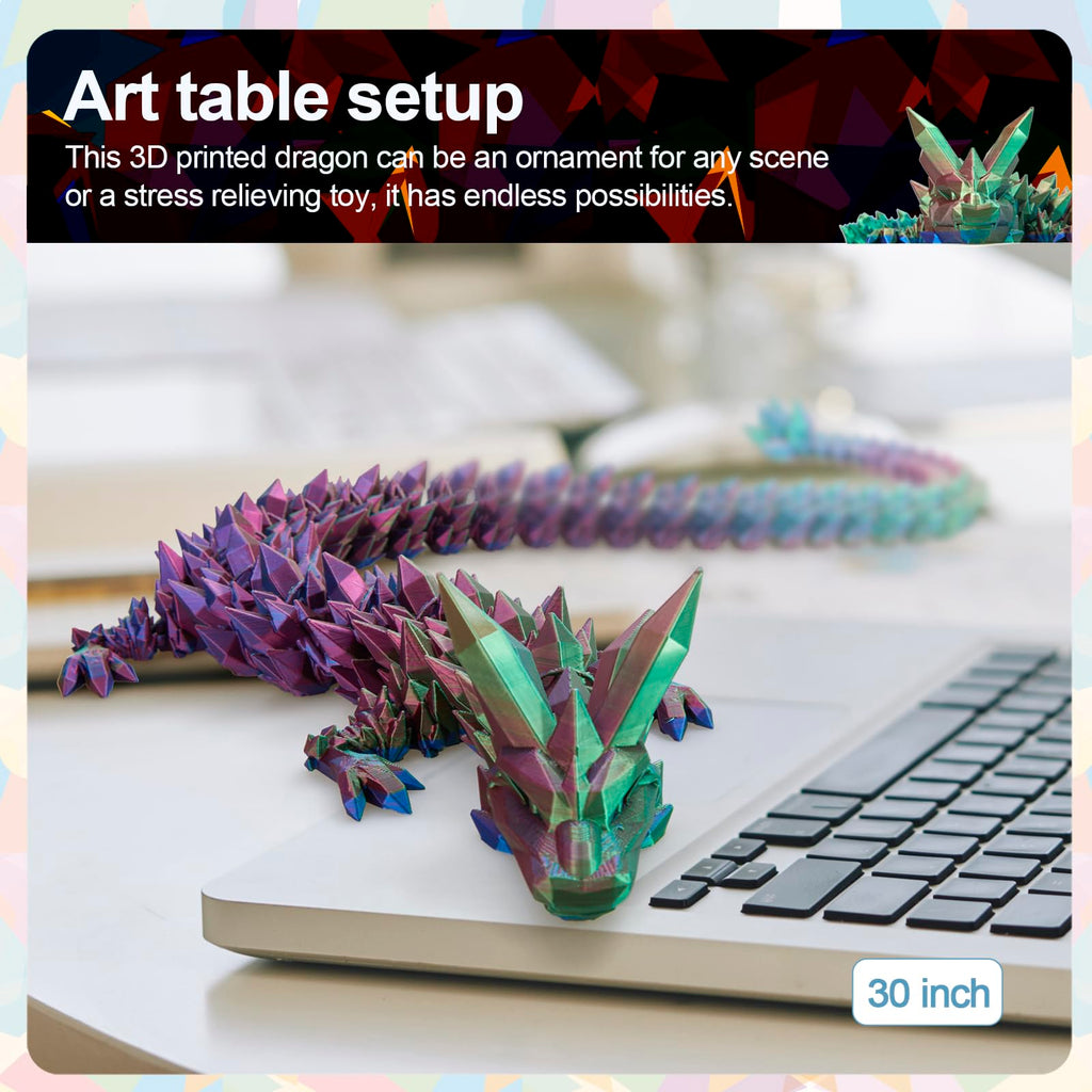 24" Large 3D Printed Dragon - Huge Articulated Crystal Dragon Fidget Toy, Giant Flexible 3D Dragon Figure, Birthday Gift for Boys Girls Kids & Collectors, Home Office Executive Desk Decor