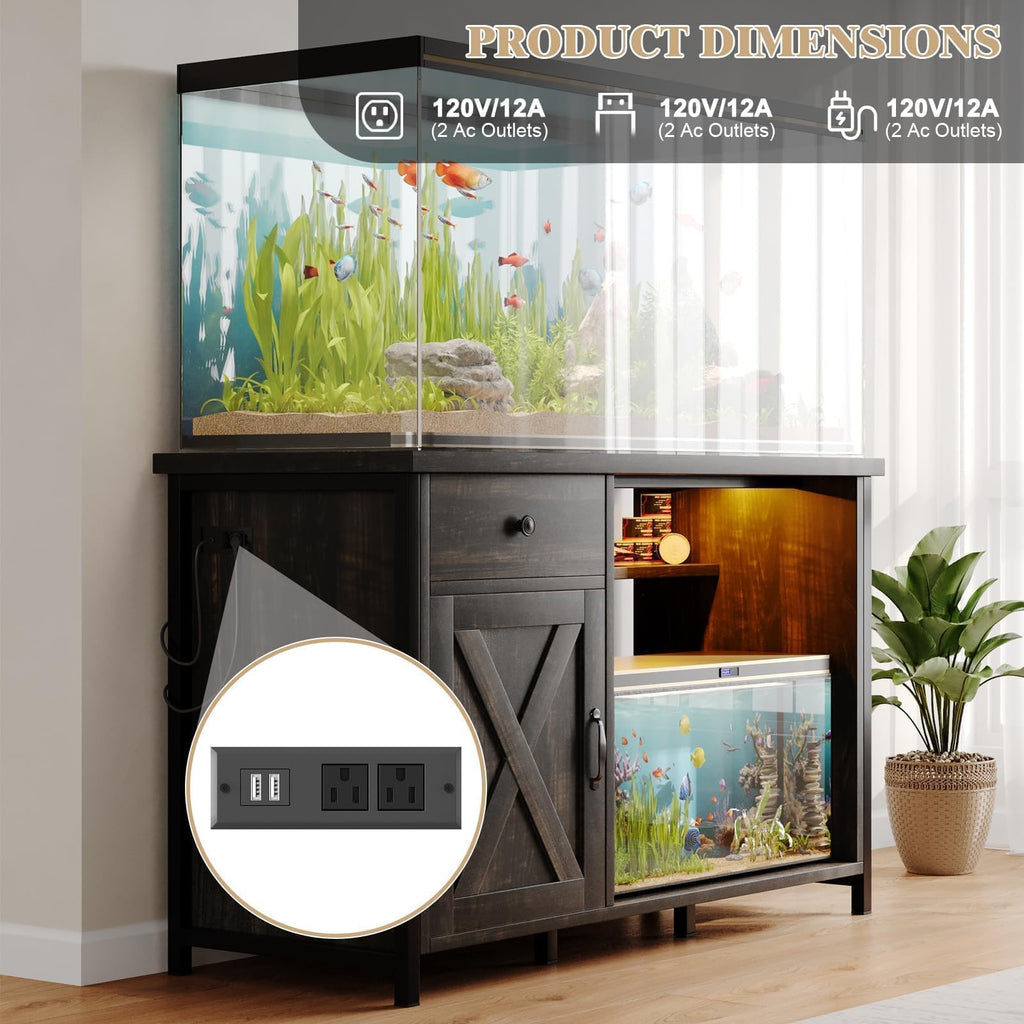 4ever2buy 55-75 Gallon Fish Tank Stand with Power Outlets, LED Light, Heavy Duty Aquarium Stand with Cabinet for Fish Tank Accessories Storage, for Turtle Tank, Reptile Terrarium, 1100LBS, Black
