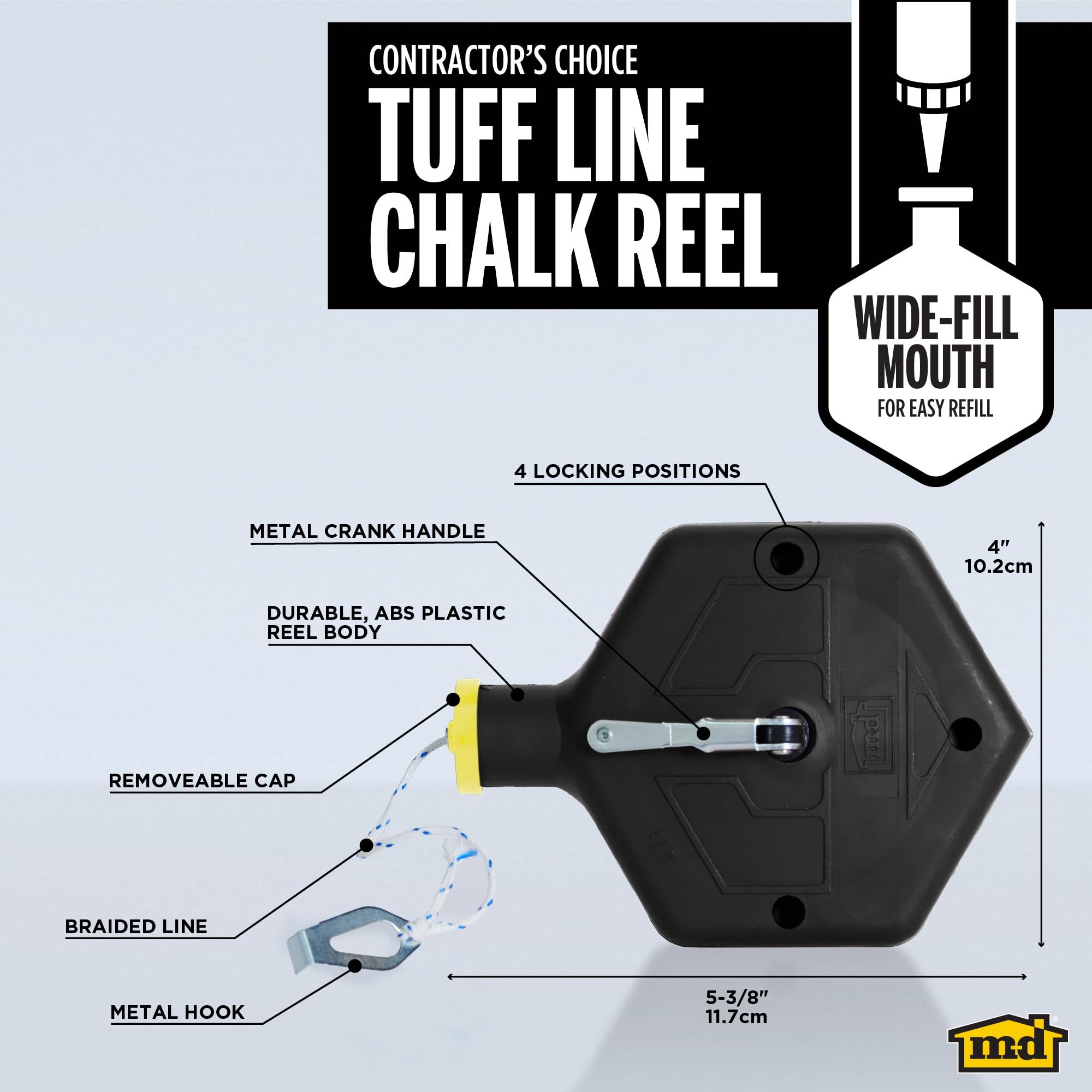 M-D Building Products 00805 ABS Tuff Line™ Contractor Chalk Reel, Durable and Reliable Chalk Line for Precision Marking, Ideal for Construction & Carpentry Projects (0.06 in. x 100 ft, Black)