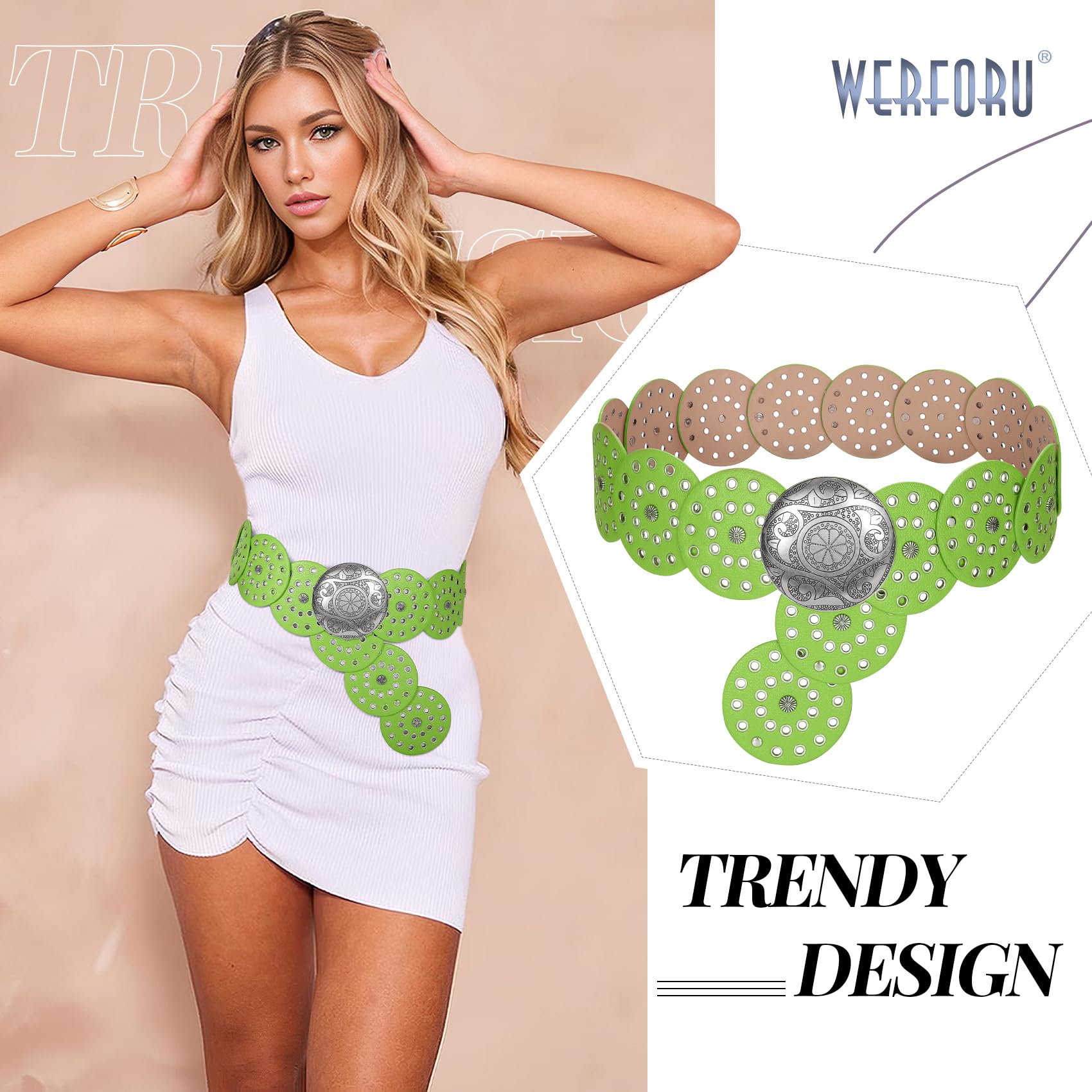 WERFORU Women Vintage Leather Belt Western Disc Waist Belts Ladies Western Belt Boho Belt for Dress Jean-