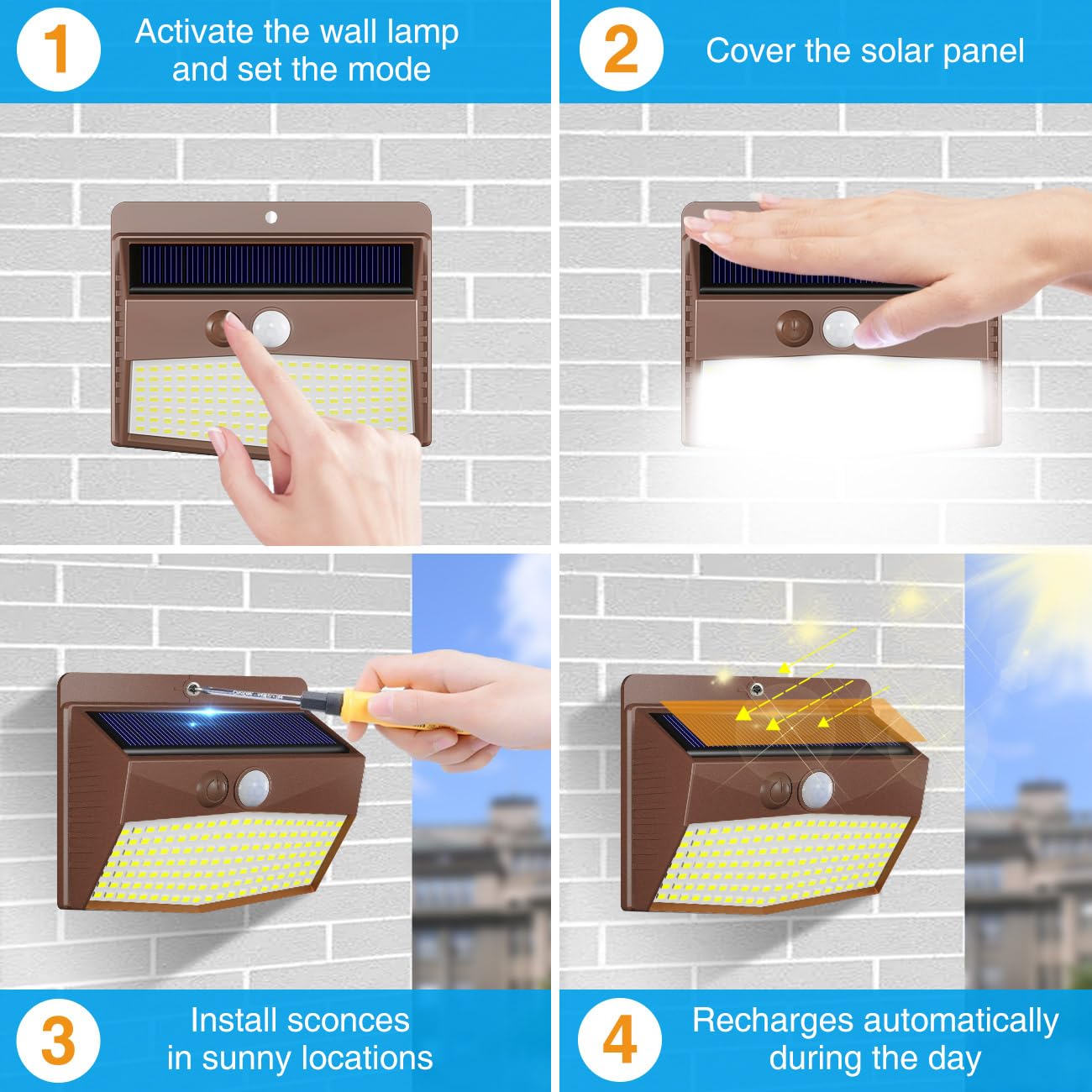Peasur 1 Pack Solar Motion Lights Outdoor, Solar Security Light with 3 Modes, IP65 Waterproof Flood Lights Outside for Camping Garden Patio Garage Backyard, Brown Warm