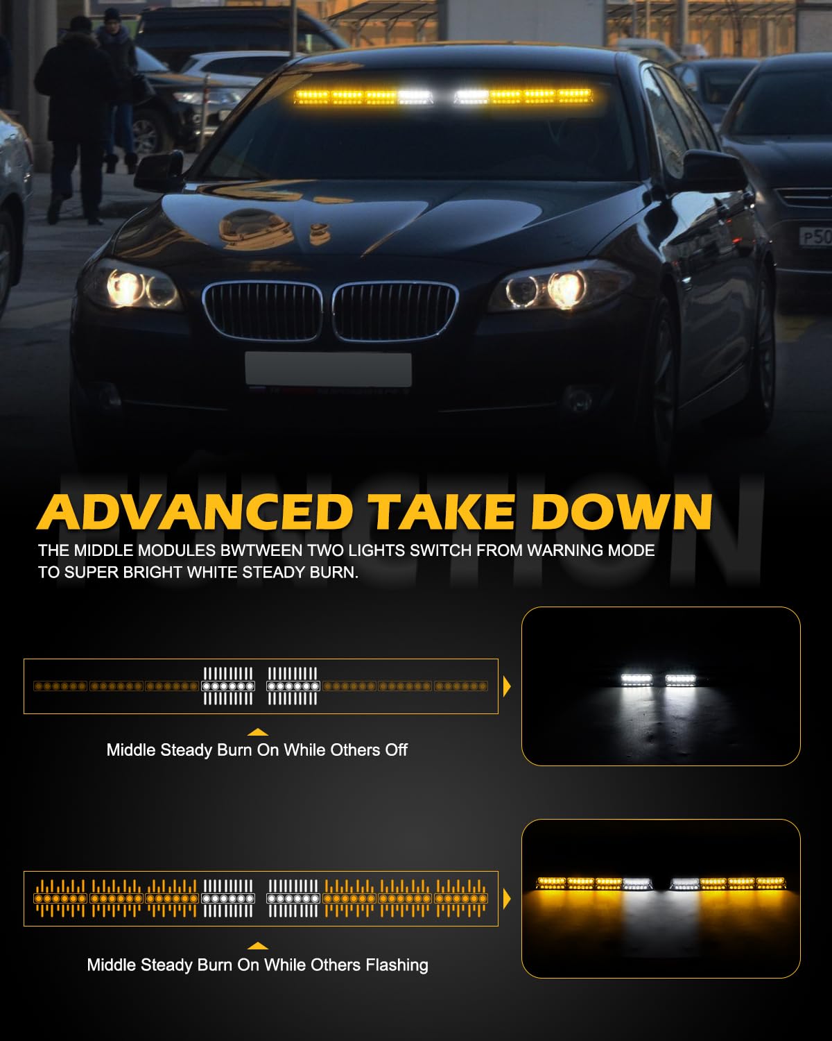 HLauto 604N Emergency Dash Strobe Lights: 2x16.8 inch Amber White Security Light w/Take Down, 48 LED Safety Flashing Warning Hazard Interior Windshield Light Bar for Truck Vehicle