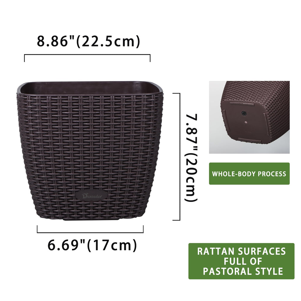 Dexceder 9x8 Self Watering Planter (Black High Gloss) | Inner Mat Design, Thickened Table Flower Plant Pot with Water Level Indicator Indoor Outdoor