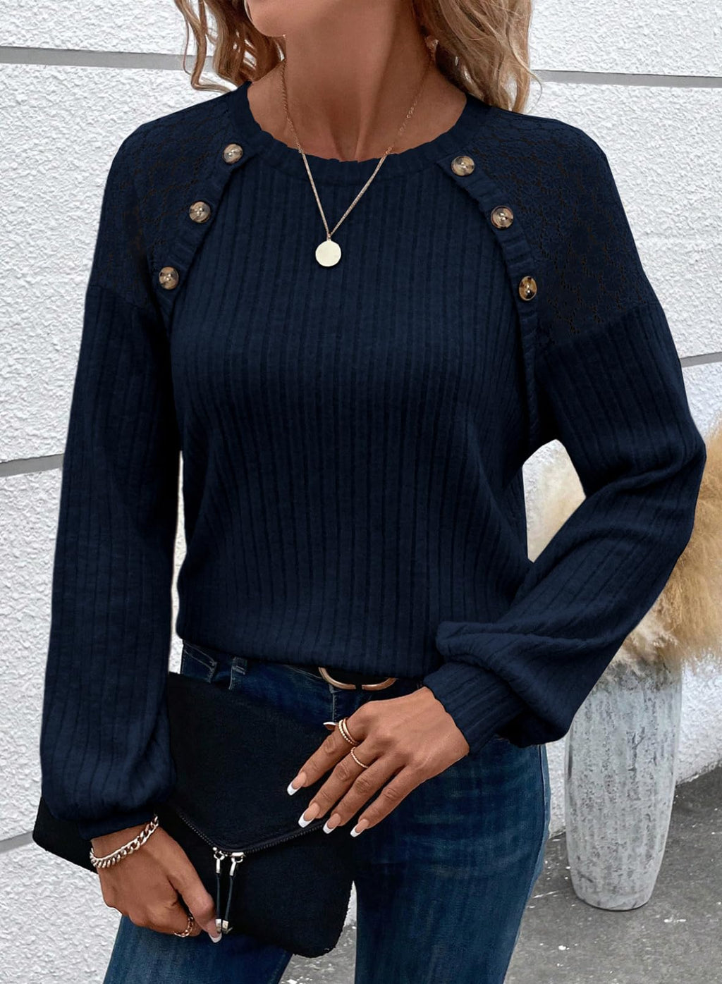 Acelitt Womens Fall Long Sleeve Tunic Tops Casual Crew Neck Dressy Shirt Lace Patchwork Blouses Pullover Sweaters