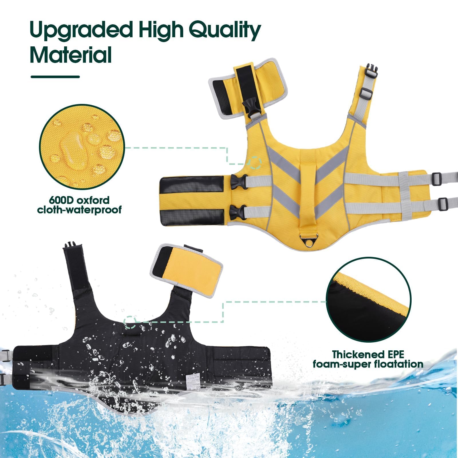 Kuoser Dog Life Jacket with Reflective Stripes, Dog Life Vest for Swimming Boating, Adjustable Pet Lifejackets with High Flotation, Doggie Swimsuit for Small Medium Large Dogs
