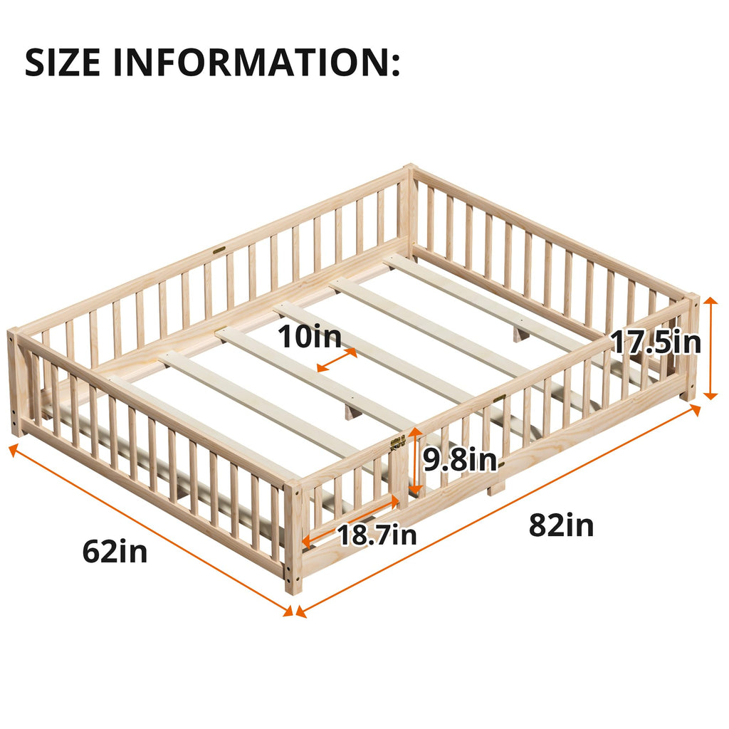 i-POOK Queen Floor Bed for Children, Sturdy Wood Montessori Bed Frame with Wood Slats, High Fence & Small Door for Girls and Boys, Espresso (with Bed Slats)
