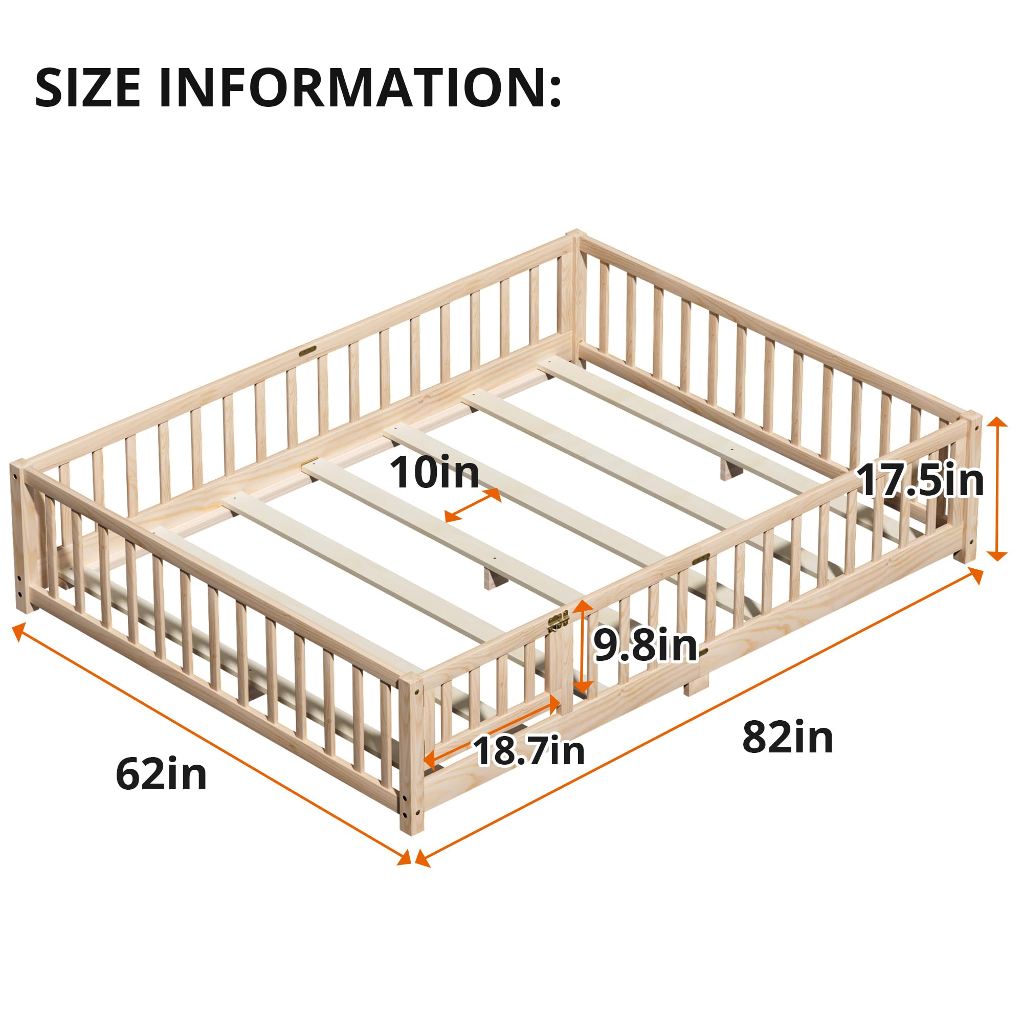 i-POOK Queen Floor Bed for Children, Sturdy Wood Montessori Bed Frame with Wood Slats, High Fence & Small Door for Girls and Boys, Espresso (with Bed Slats)