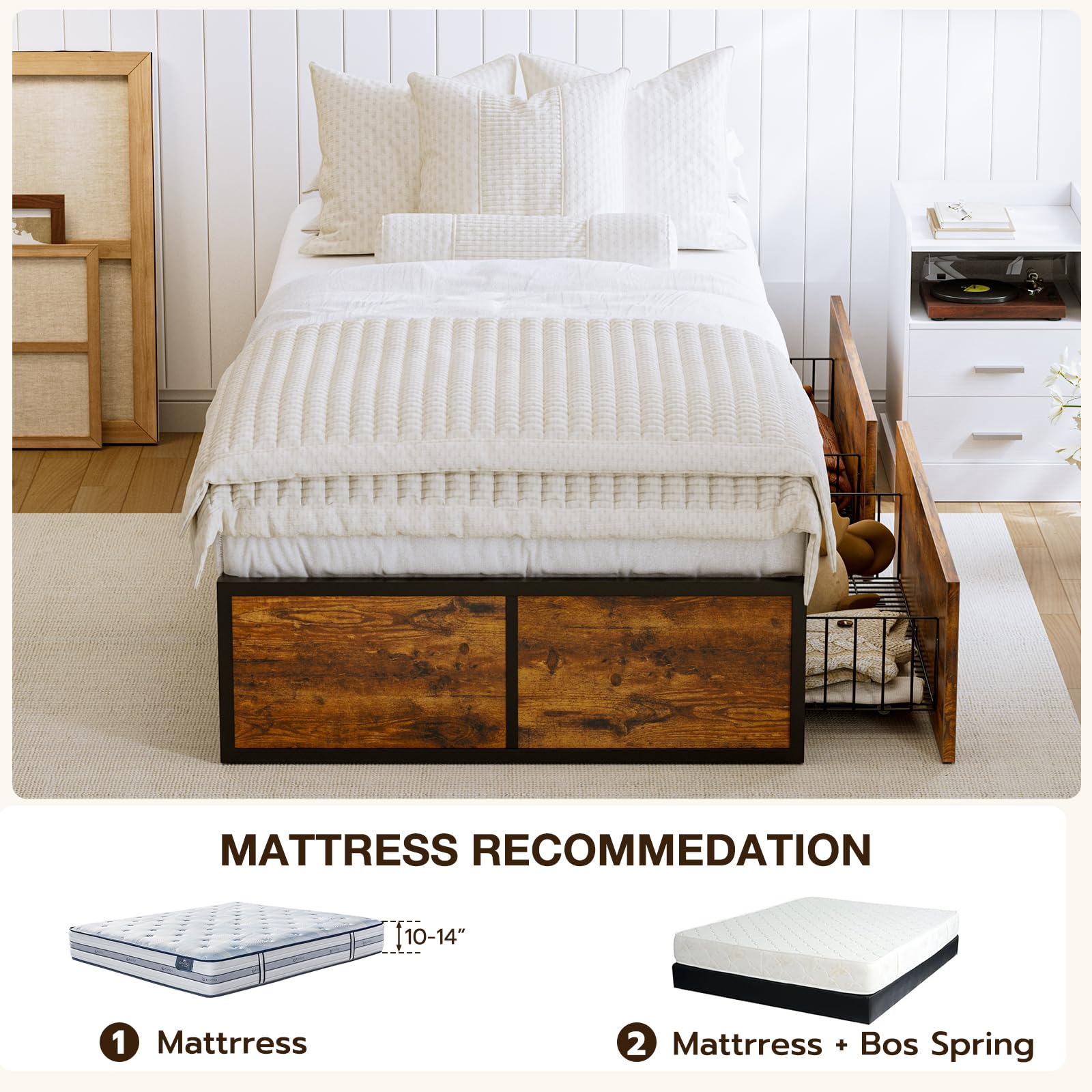 GAZHOME Twin Bed Frame with 2 XL Storage Drawers, Metal Platform Bed Frame with Footboard, 9 Strong Metal Slat Support/No Box Spring Needed/Easy Assembly/Space Saving Wood