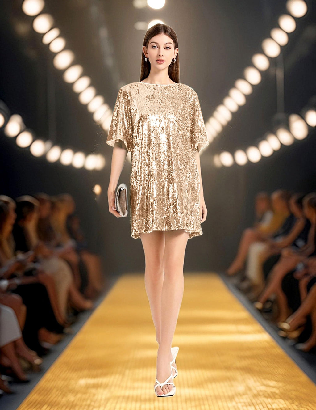Women's Crew Neck Sequin Dress for Women Sexy V Neck Shirt Dress Sparkly Half Sleeve Loose Party Club Cocktail Dress