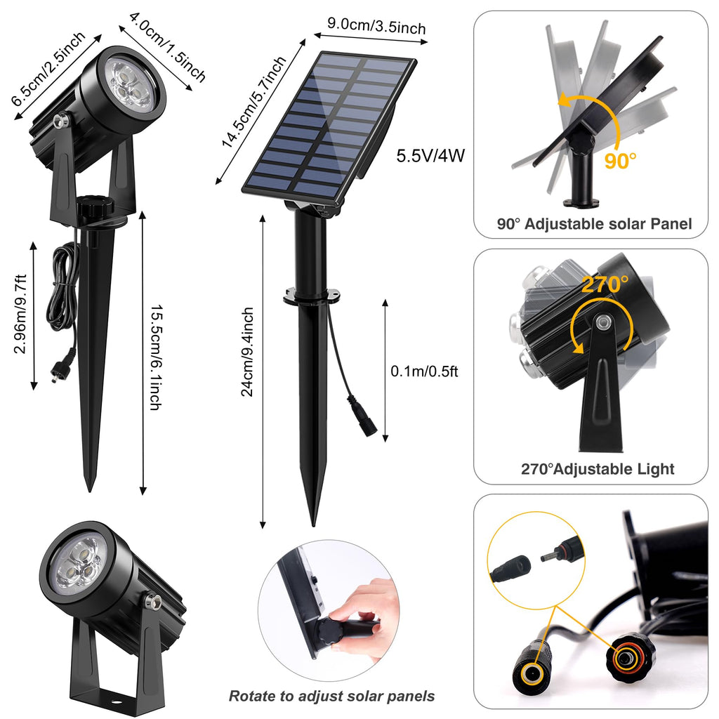 Solar Spot Lights Outdoor, Solar Landscape Spotlights IP65 Waterproof 9.8ft Cable,Auto On/Off Outdoor Wall Lights for Garden Yard Driveway Porch Walkway Pool (3000K Warm White)