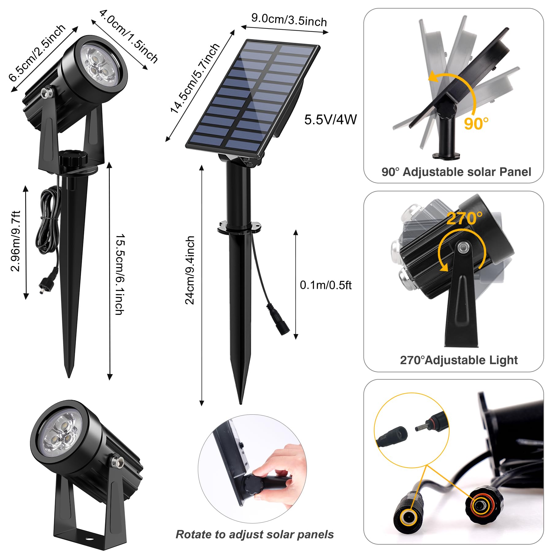 Solar Spot Lights Outdoor, Solar Landscape Spotlights IP65 Waterproof 9.8ft Cable,Auto On/Off Outdoor Wall Lights for Garden Yard Driveway Porch Walkway Pool (3000K Warm White)