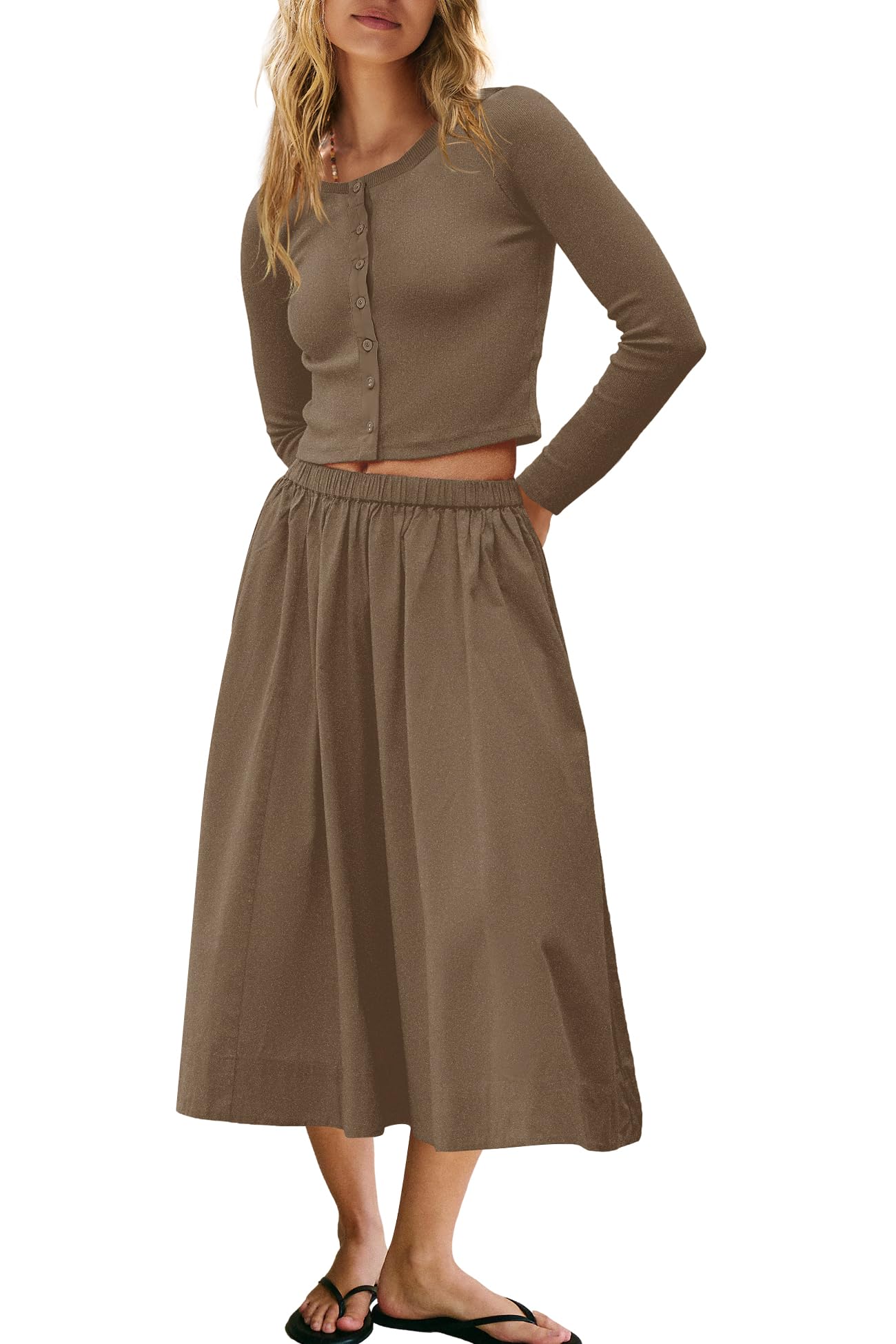 Panadila Womens 2 Piece Lounge Sets Matching Vacation Outfits Ribbed Button Down Cardigan and Elastic Waist Skirt Sets