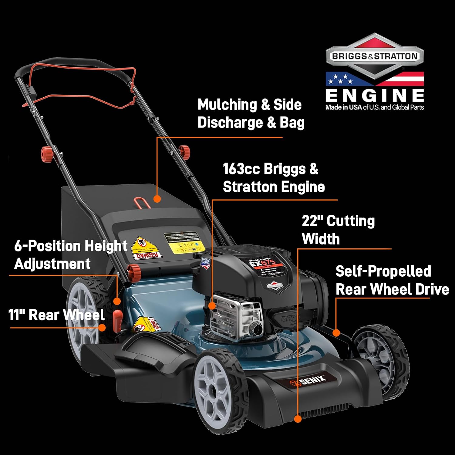 SENIX 22" Gas Lawn Mower, 163cc Self Propelled Gas Powered Lawnmower with B&S 4-Cycle Engine, 3-in-1 Walk-Behind Push Lawn Mowers, 6-Position Height Adjustment, cortadora de pasto, LSSG-H1