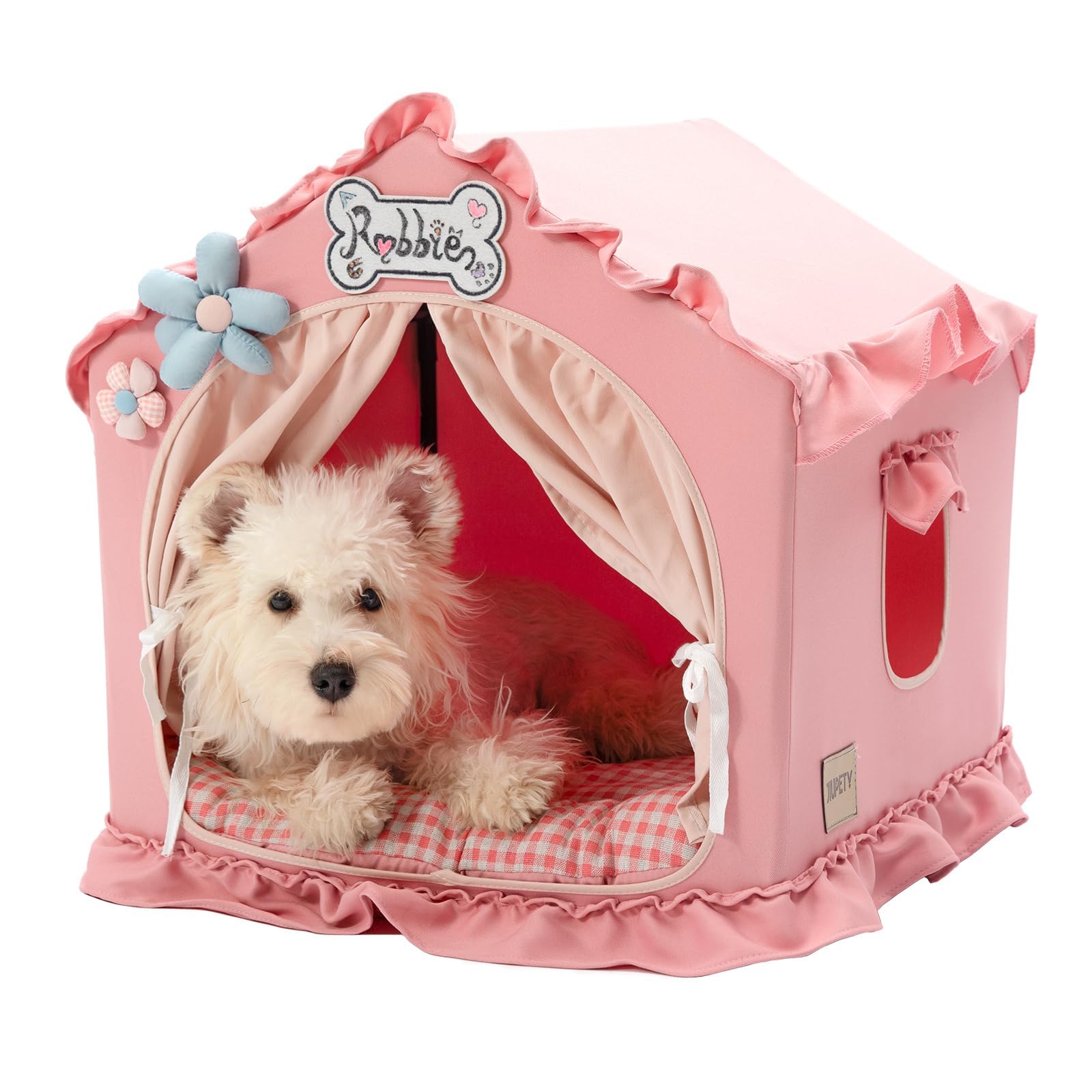 Jiupety Indoor Dog House with Frame, Cute Dog Tent Bed with Cover Cave, Breathable, Washable, and Foldable House, Suitable for 10-20 Lb Puppy and Cats, Medium (17"×17"×17"), Beige