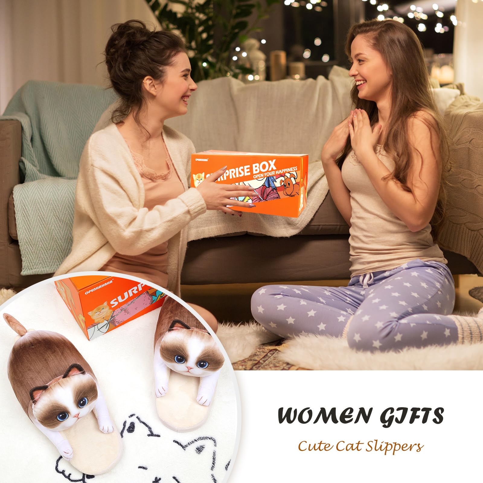Funny Cat Slippers for Women,Fuzzy Animal Indoor House Shoes with Soft Memory Foam,Comfy Plush Warm Slip-on Slippers,Cat Gifts for Cat Lover